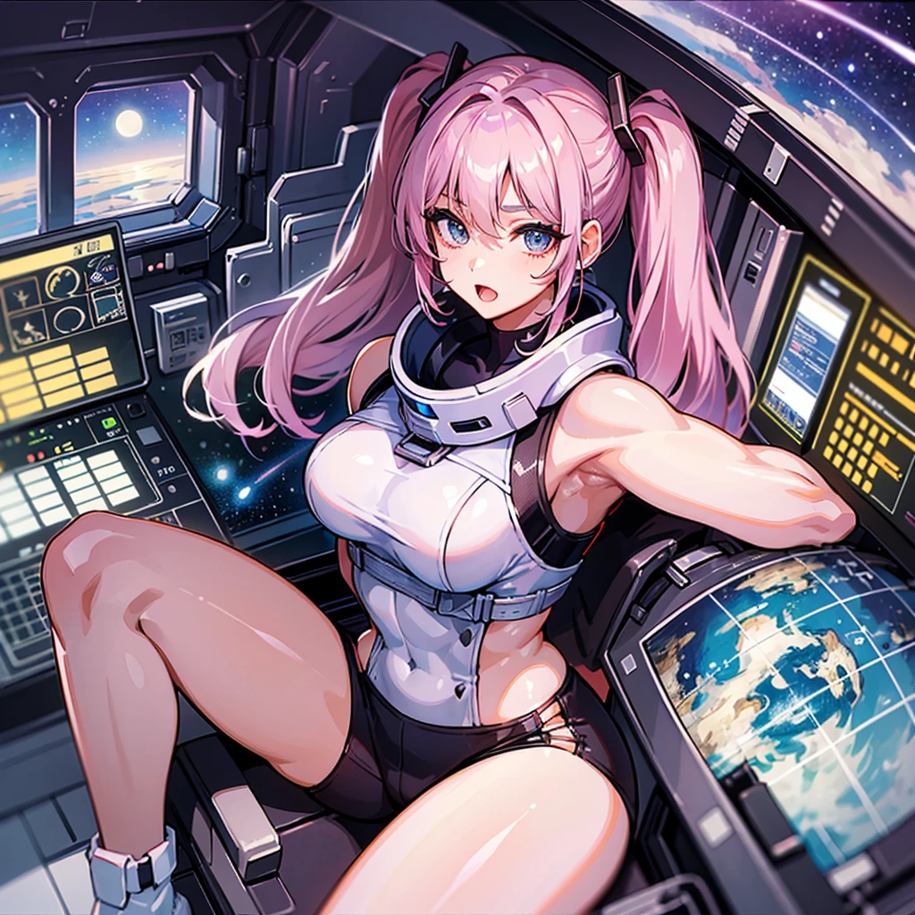 (((masterpiece、Highest image quality、highest quality、highly detailed unity 8kwallpaper)))、((Illustration of one adult))、((25 years old))、(pilot)、(((Beautiful girl with a beautiful face、The body is a man)))、(((Twintails with pink hair)))、Light gray eyes、((tall))、((Muscular strong man's body))、((Muscular strong man's body、solid chest、muscular chest plate、abdominals、muscular and thick arms、muscular and thick legs))、(((白いpilotスーツ)))、((manspreading、Sitting in the cockpit))、((space fighter cockpit、The Universe on the Monitor、Earth seen from space))