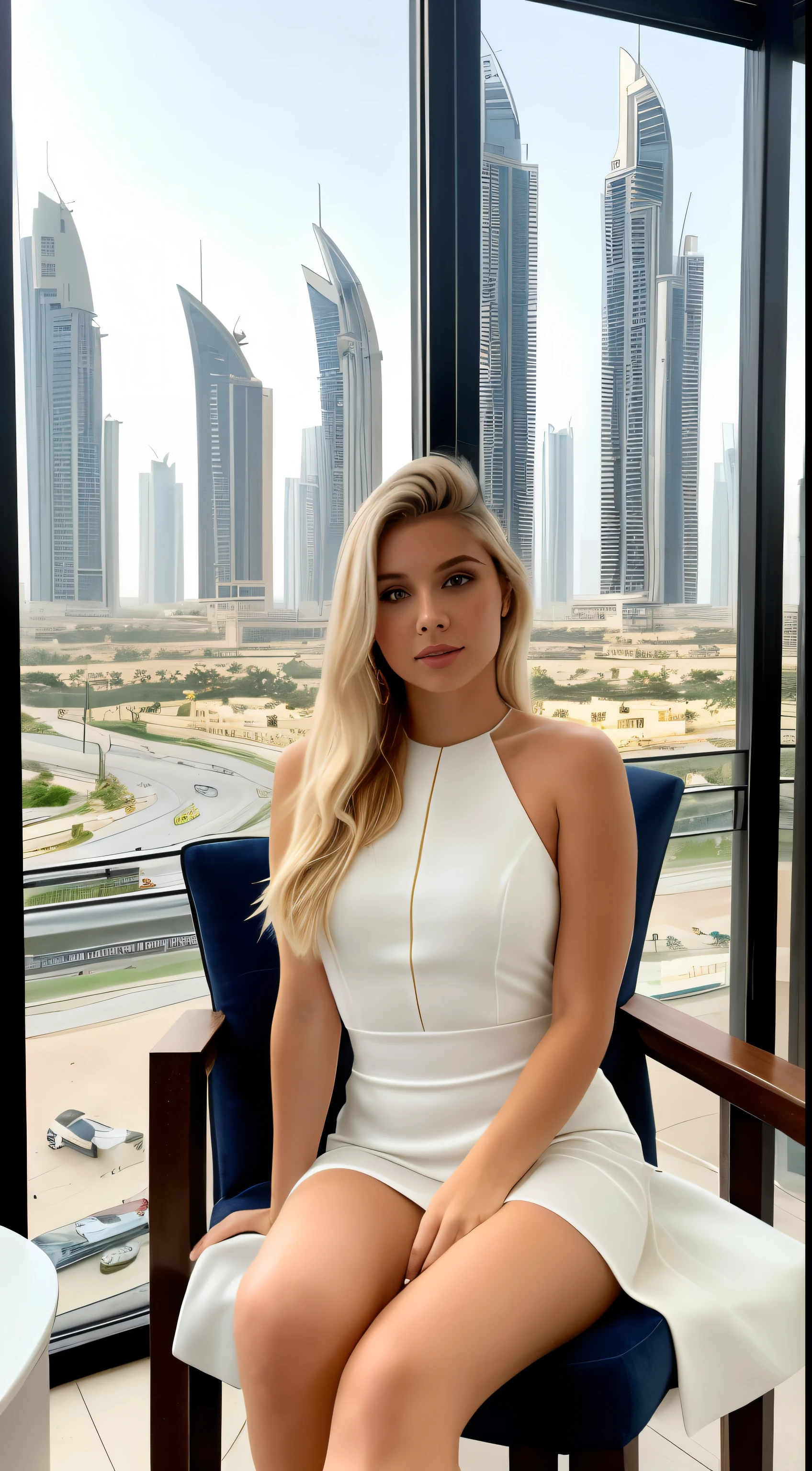 Matilde, uma jovem de 21 anos, is sitting on an elegant chair in Dubai, usando um vestido preto deslumbrante. Seu cabelo loiro claro e olhos azuis adicionam um toque de charme enquanto ela absorve a cidade'a unique atmosphere.. Maintain a respectful and appropriate tone in the description.