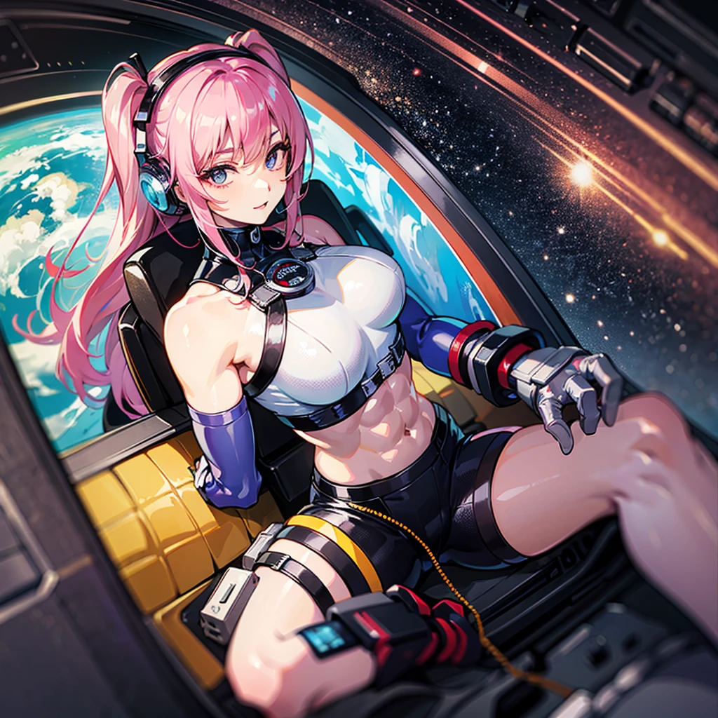 （（（masterpiece、Highest image quality、highest quality、highly detailed unity 8ｋwallpaper）））、（（Illustration of one adult））、（（25 years old））、（pilot）、（（（Beautiful girl with a beautiful face、The body is a man）））、（（（Twintails with pink hair）））、Light gray eyes、（（tall））、（（Muscular strong man's body））、（（Muscular strong man's body、solid chest、muscular chest plate、abdominals、muscular and thick arms、muscular and thick legs））、（（（白いpilotスーツ）））、（（manspreading、Sitting in the cockpit））、（（space fighter cockpit、The Universe on the Monitor、Earth seen from space））