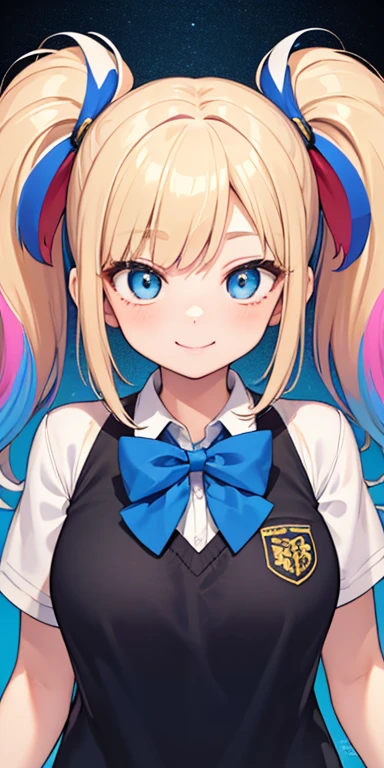 , (colorful fluorescence multicolored hair:1.5,short twintails:1.5,messy hair), (masterpiece, sidelights, exquisite beautiful eyes: 1.5), masterpieceportrait, realistic, {(Colorful splash background of different colors:1.5)},colorful,3D face,(cute face),front view: 1.6、 (glowing blue eyes:1.2),plump face:1.5,(tareme:1.5)、(shy smile:1.2),Rosy Mouth,Slim Body, shiny hair, shiny skin: 1.5、medium breasts,、solo,(stand)、(high school girl,school uniform)、(charactor focus:1.5、portlate:1.5、eye focus:1.5,upper body),gradient eyes:1.5,
