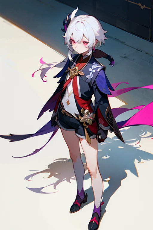 anime character with chocolate coloring hair and purple-pink eyes on a white surface, white haired deity. portrait, genshin impact, heise jinyao, onmyoji, shadow hair, genshin impact character, white haired, genshin, fus rei, loong, original character, shorts hair. character concept, full body, character design, design like in genshin impact, character, the character is standing