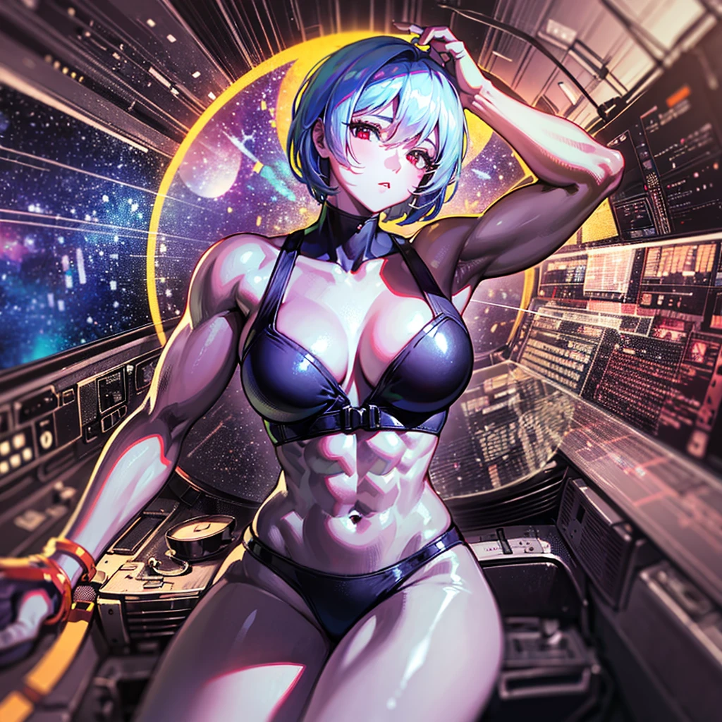 (((masterpiece、Highest image quality、highest quality、highly detailed unity 8kwallpaper)))、((Illustration of one girl))、(pilot)、(((blue silver short hair)))、Red eyes、((tall))、(((Muscle Girl、Muscular and strong body、abdominals、muscular and thick arms、muscular and thick legs、stocky build、muscular legs、broad shoulders))))、(((白いpilotスーツ)))、((manspreading、Sitting in the cockpit、armpit))、((space fighter cockpit、The Universe on the Monitor、Earth seen from space))