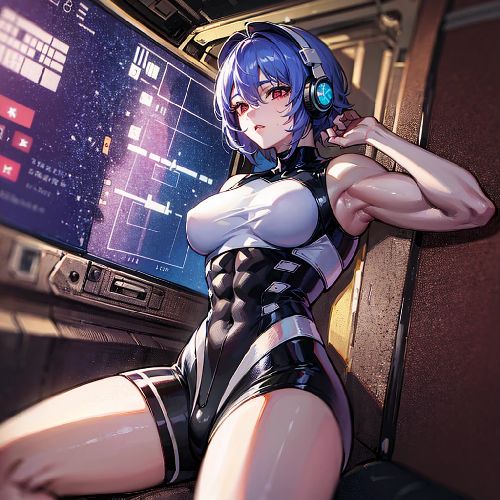 (((masterpiece、Highest image quality、highest quality、highly detailed unity 8kwallpaper)))、((Illustration of one girl))、(pilot)、(((blue silver short hair)))、Red eyes、((tall))、(((Muscle Girl、Muscular and strong body、abdominals、muscular and thick arms、muscular and thick legs、stocky build、muscular legs、broad shoulders))))、(((白いpilotスーツ)))、((manspreading、Sitting in the pit、armpit))、((space fighter cockThe Universe on the Monitor、Earth seen from space))