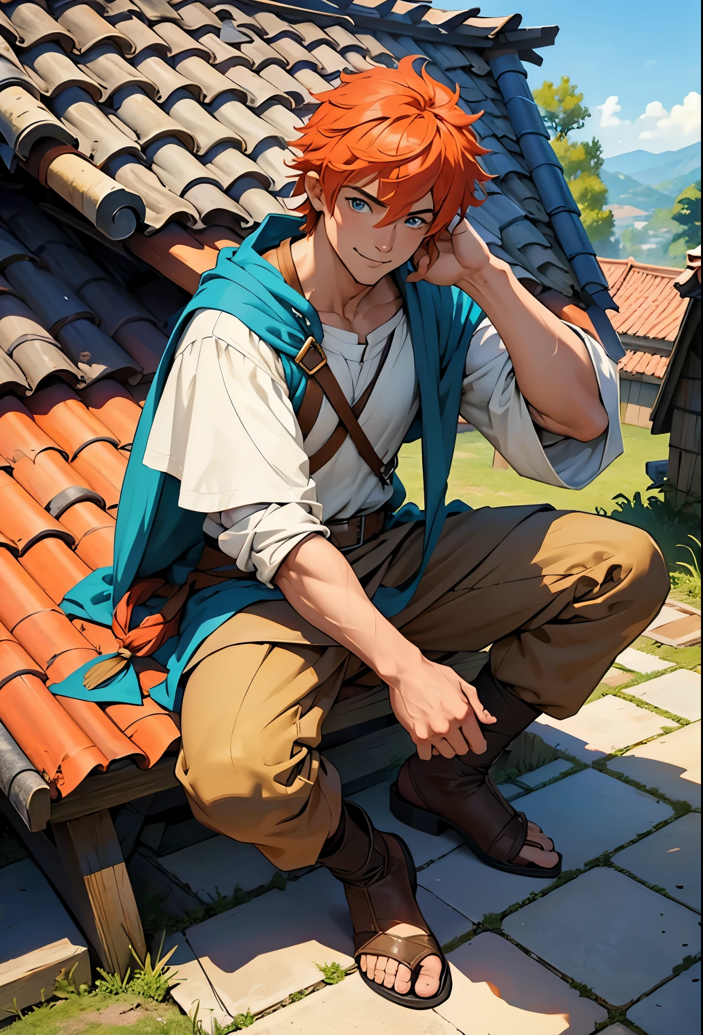 Rapaz jovem, homem, alto e meio magro, cabelos ruivos, olhos castanhos, roupas de bardo, carries a lute on his back, sorrindo, he is happy, He&#39;s sitting on top of a worn tile roof, ao fundo uma pequena vila com um sino no meio, arte 2d, estilo anime, inspirado em kvothe de o nome do vento