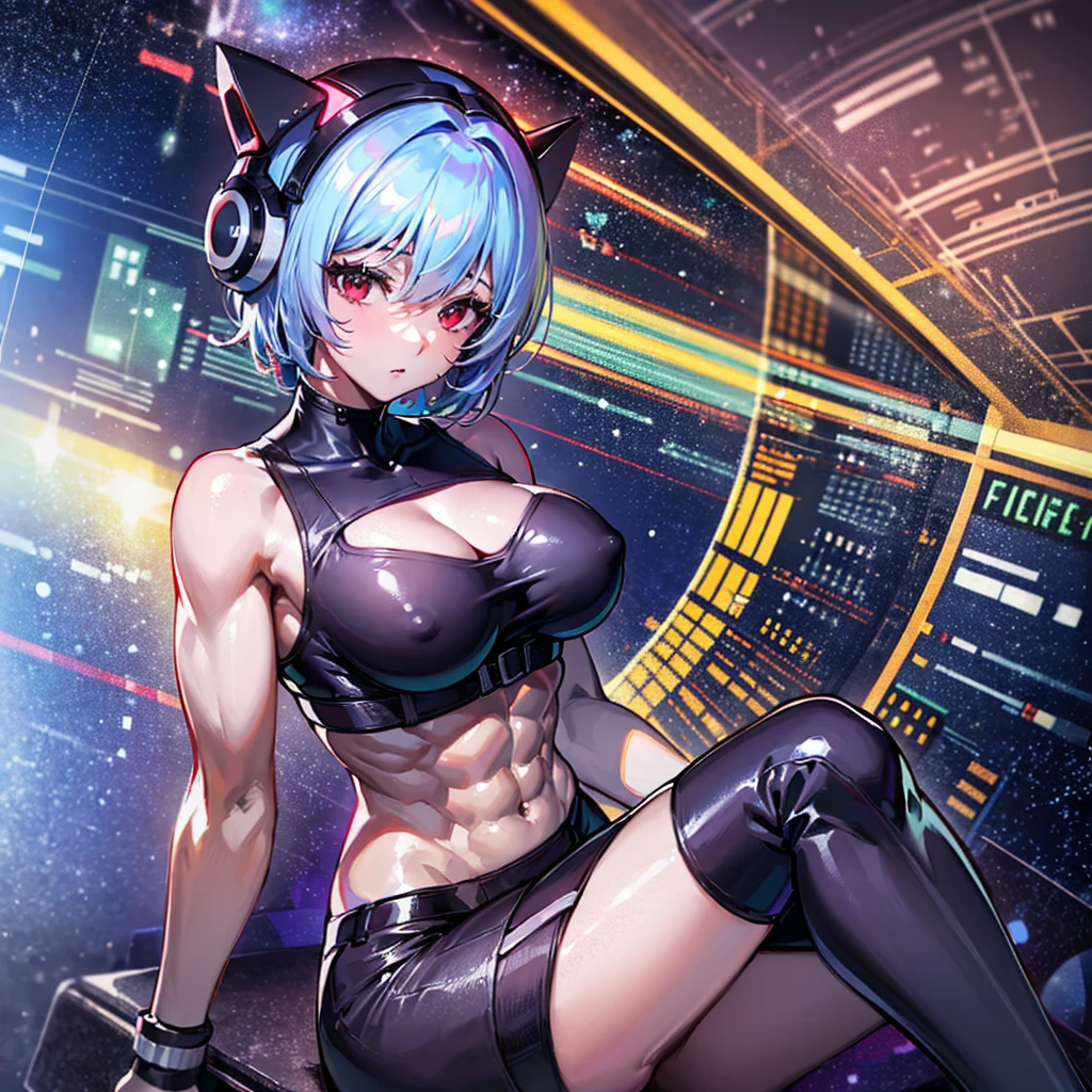 （（（masterpiece、Highest image quality、highest quality、highly detailed unity 8ｋwallpaper）））、（（Illustration of one girl））、（pilot）、（（（blue silver short hair）））、Red eyes、（（tall））、（（（Muscle Girl、Muscular and strong body、abs、muscular and thick arms、muscular and thick legs、stocky build、muscular legs、broad shoulders））））、（（（白いpilotスーツ）））、（（manspreading、Sitting in the cockpit、armpit））、（（space fighter cockpit、The Universe on the Monitor、Earth seen from space））