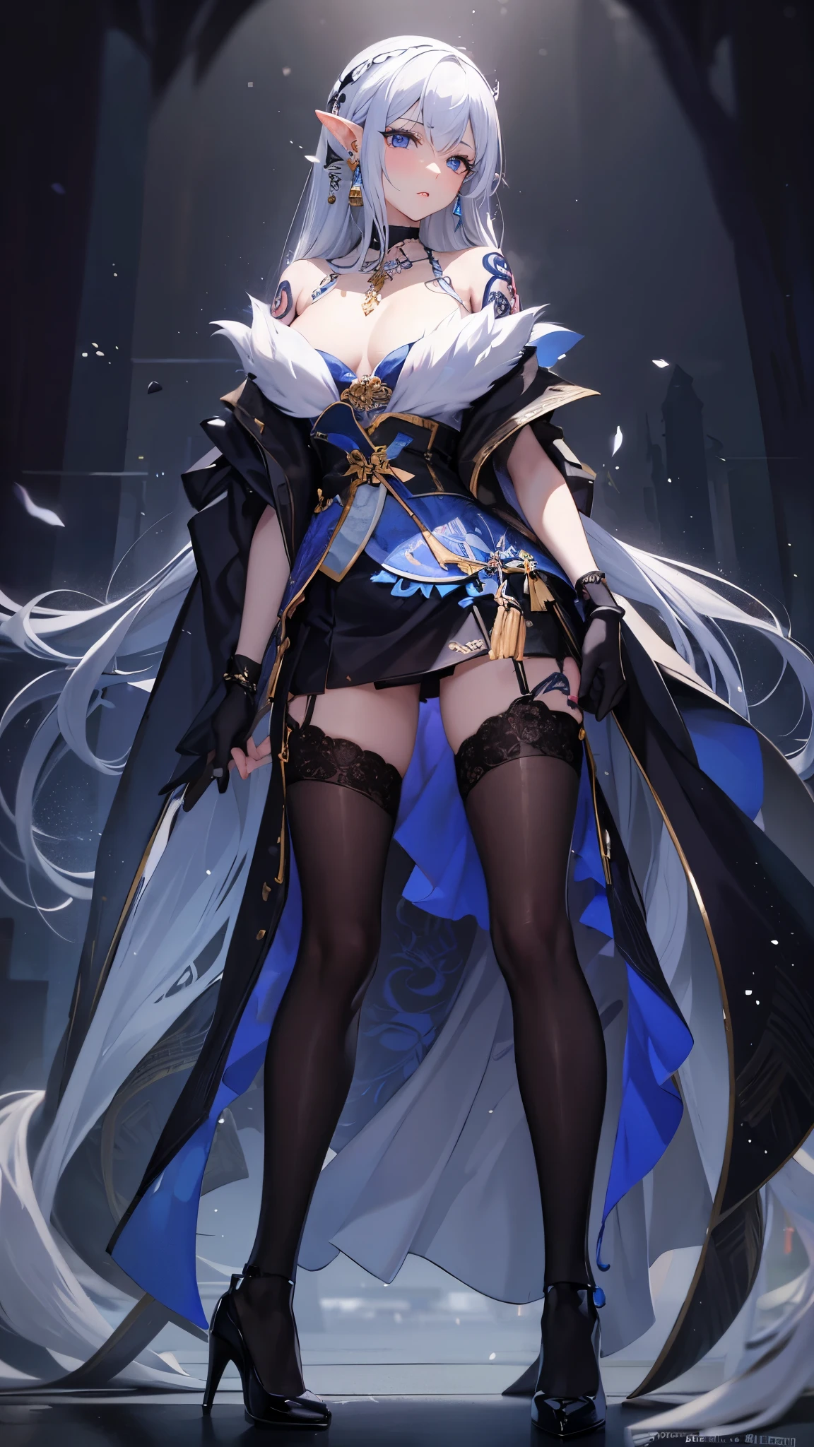 Extremely normal body,close up,The world of dreams,Elf mature beauty, 银色long hair,long hair,tear-mole,earrings,(earrings),necklace,a pair of bracelets,Black strappy hip skirt,humanoid creature, paris bar background, Her skin is white, Fair complexion,blue eyes,银白色long hair, Two long black stocking legs,High heel,Black stocking legs,nail art,Tattooed with