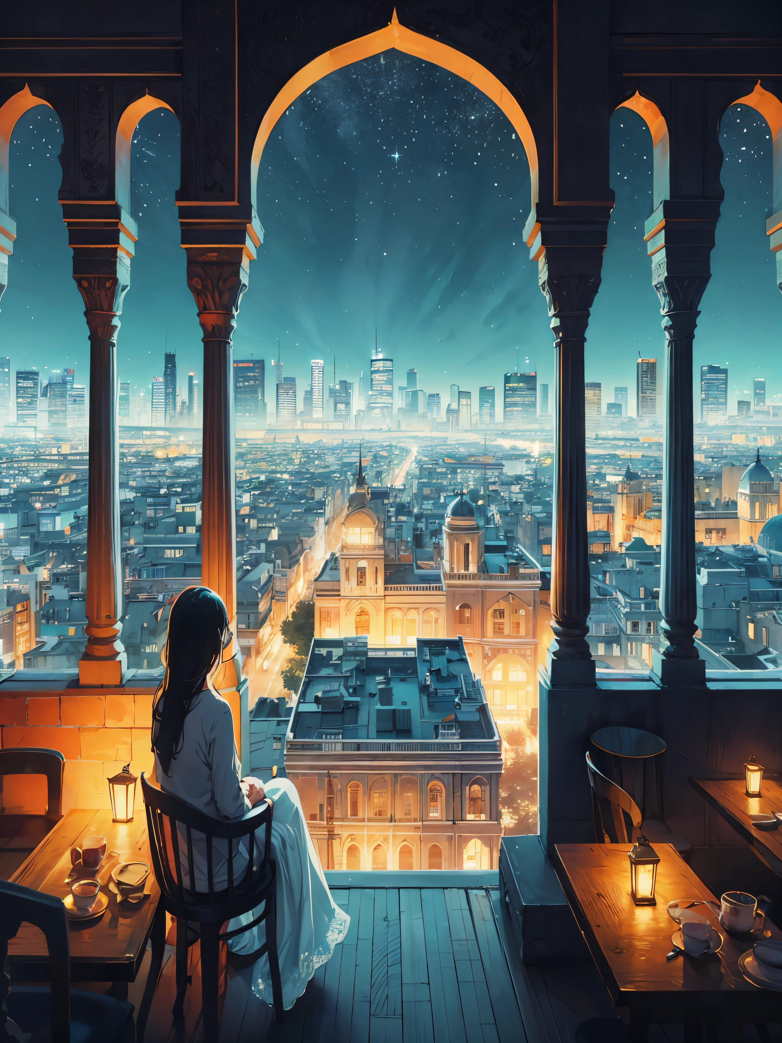 Draw a digital simple art scene of  panoramic view from heritage cafe of the city below. City lights twinkle like stars, illuminating architectural gems. In the tranquil night, the cityscape emerges as a captivating tapestry of urban serenity, no humans and cattle, vibrant color tones