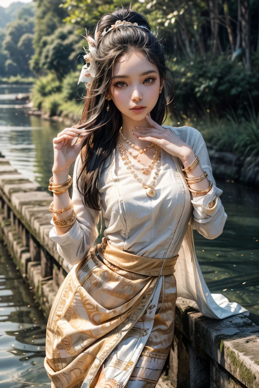 1 girl, solo, beautiful girl, pretty eyes and face, long hair, MMTD Burmese patterned traditional dress, pearl necklace and gold bracelets, standing, river background, dramatic light, golden hour setting, photo, realistic photo, masterpiece, best quality, ultra detailed, 8k, perfect fingers and hands
