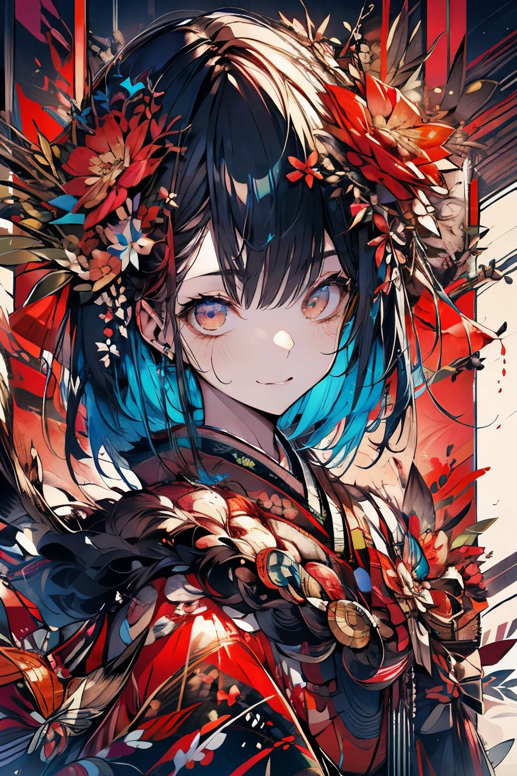 (masutepiece), (best quality), very detailed, 1 girl, solo focus,perfect face, pretty face, very detailed顔,(A dark-haired:1.3),(red eyes:1.3),Light,smile,New Year,(kimono:1.4),shrines