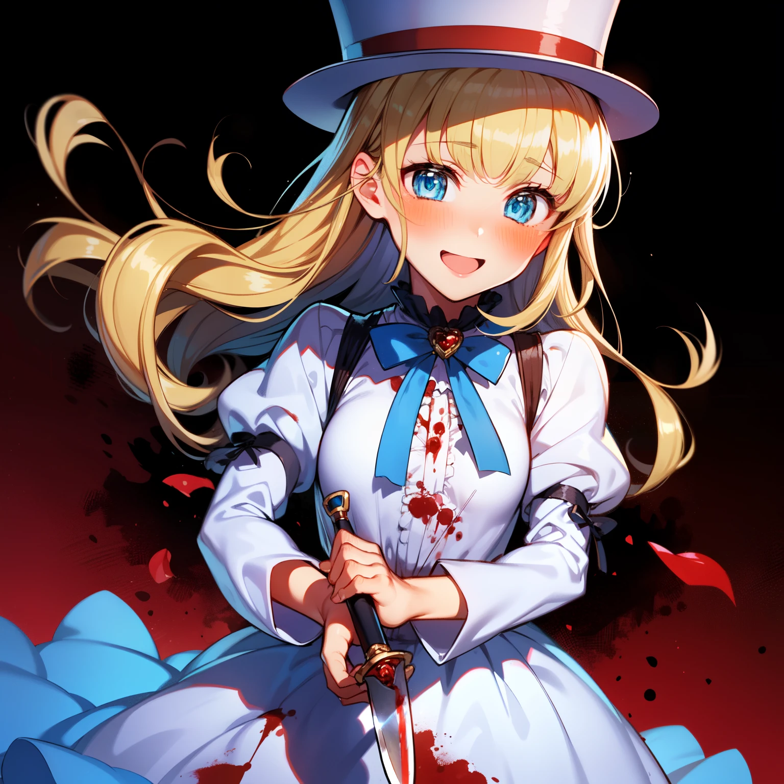 (1girl, solo), blonde hair, side ponytail, (blue eyes:1.5), long hair, (small breast:1.2), (hair ribbon, juliet sleeves, long sleeves, puffy sleeves, blood stained white dress:1.5, frills, top hat, black top hat, hat, hat flower,) looking at viewer, crazy smile, blush, blood, blood on arm, blood on face, blood on clothes, blood on hands, holding knife, knife, indoorasterpiece:1.2), best quality, high resolution, unity 8k wallpaper, (illustration:1.5), anime style, (beautiful detailed eyes:1.6), extremely detailed face, perfect lighting, extremely detailed CG, (perfect hands, perfect anatomy), (dynamic pose, dynamic angle:1.1), nadja, red heart brooch, jewelry, serial killer, slasher,