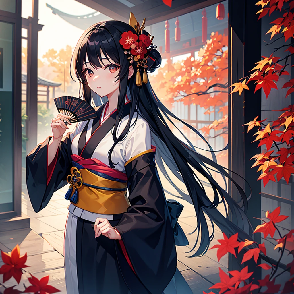 highest quality、long black hair、woman wearing the kimono、Holding a fan、kiseru、Japanese style