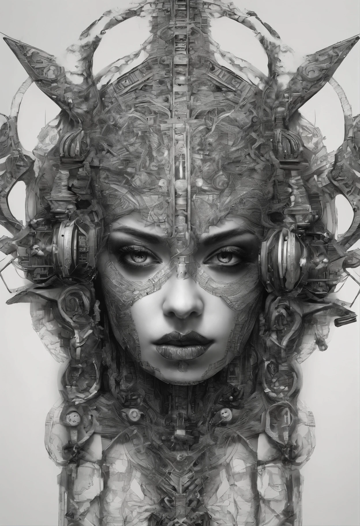 Futuristic native futurism,Actress Priyanka Chopra plays the high-level cybernetic cyborg, big breasts, the Japanese goddess of war, sensuality,Artistic details,Cyberpunk Hindu mythology,Epic science fiction fantasy, Centered,In the style of Nick Alm's fantasy futuristic fantasy works, Dark prism, Dark, Metal composition, symmetrical arrangements, Iridescent metallic , distinctive noses, Ethereal,Blood splattered multicolored, eye-catching metallic compositions, Symmetrical geometry, distinctive noses, gothic references, With bold lines and black stripes,White,Red, Gold and silver, Fantasy science fiction art, a detailed painting, ,Alex Alemanni merges with Carol Barker