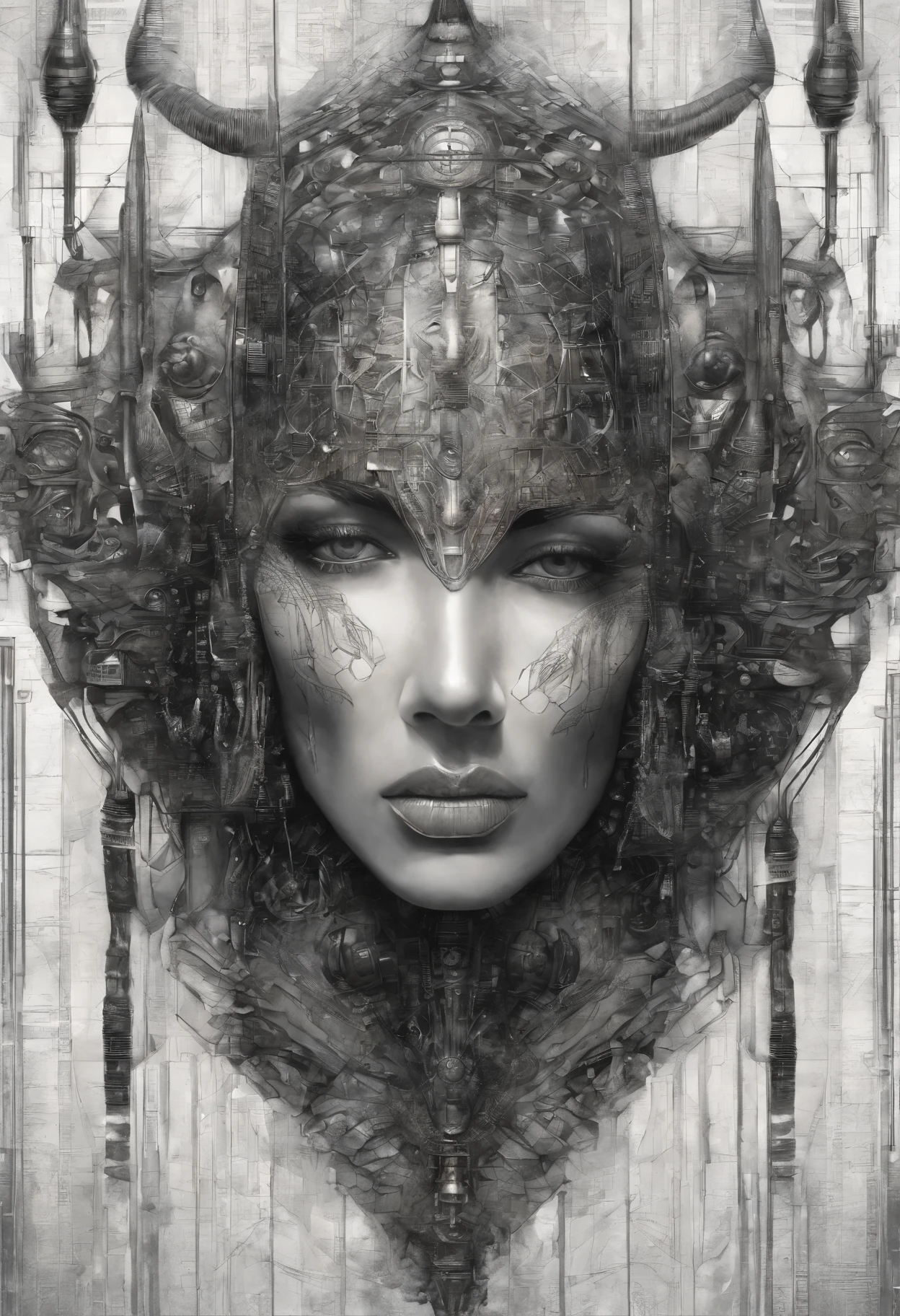 Futuristic native futurism,Actress Priyanka Chopra plays the high-level cybernetic cyborg, big breasts, the Japanese goddess of war, sensuality,Artistic details,Cyberpunk Hindu mythology,Epic science fiction fantasy, Centered,In the style of Nick Alm's fantasy futuristic fantasy works, Dark prism, Dark, Metal composition, symmetrical arrangements, Iridescent metallic , distinctive noses, Ethereal,Blood splattered multicolored, eye-catching metallic compositions, Symmetrical geometry, distinctive noses, gothic references, With bold lines and black stripes,White,Red, Gold and silver, Fantasy science fiction art, a detailed painting, ,Alex Alemanni merges with Carol Barker