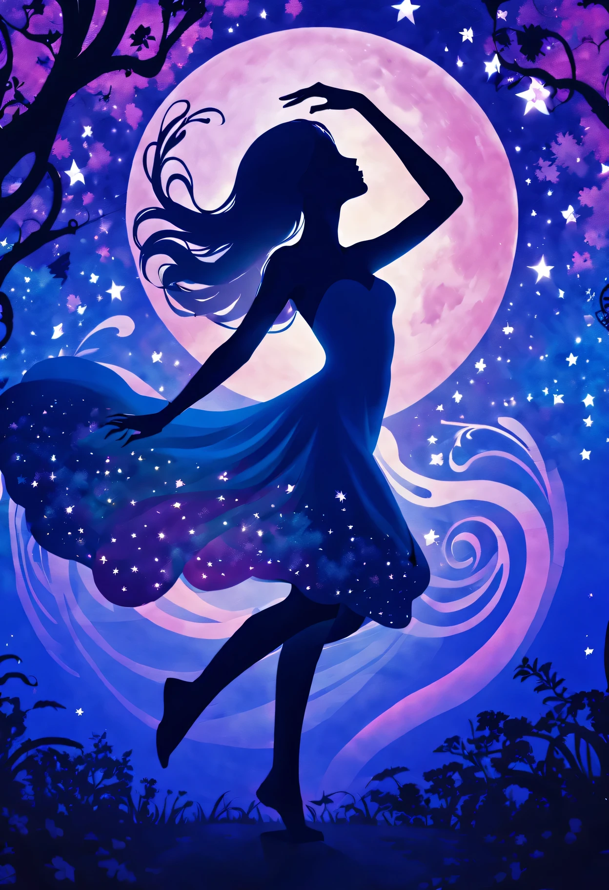 silhouette art，Girl silhouette texture clear，graceful gesture，gentle curves，dance，flowing hair，moon，dazzling stars。(Psychedelic style background)，Ethereal，distortion，whimsical，(charming garden)，Enigmatic Atmosphere，Romantic。delicate lines，subtle texture，Contrast shapes，artistic creation，surreal，dramatic lighting，hidden meaning，grace，emotional depth，evoke a feeling of mystery and wonder，Thought provoking and unforgettable，otherworldly，Change，Encouraging，poetry，unique visual story。