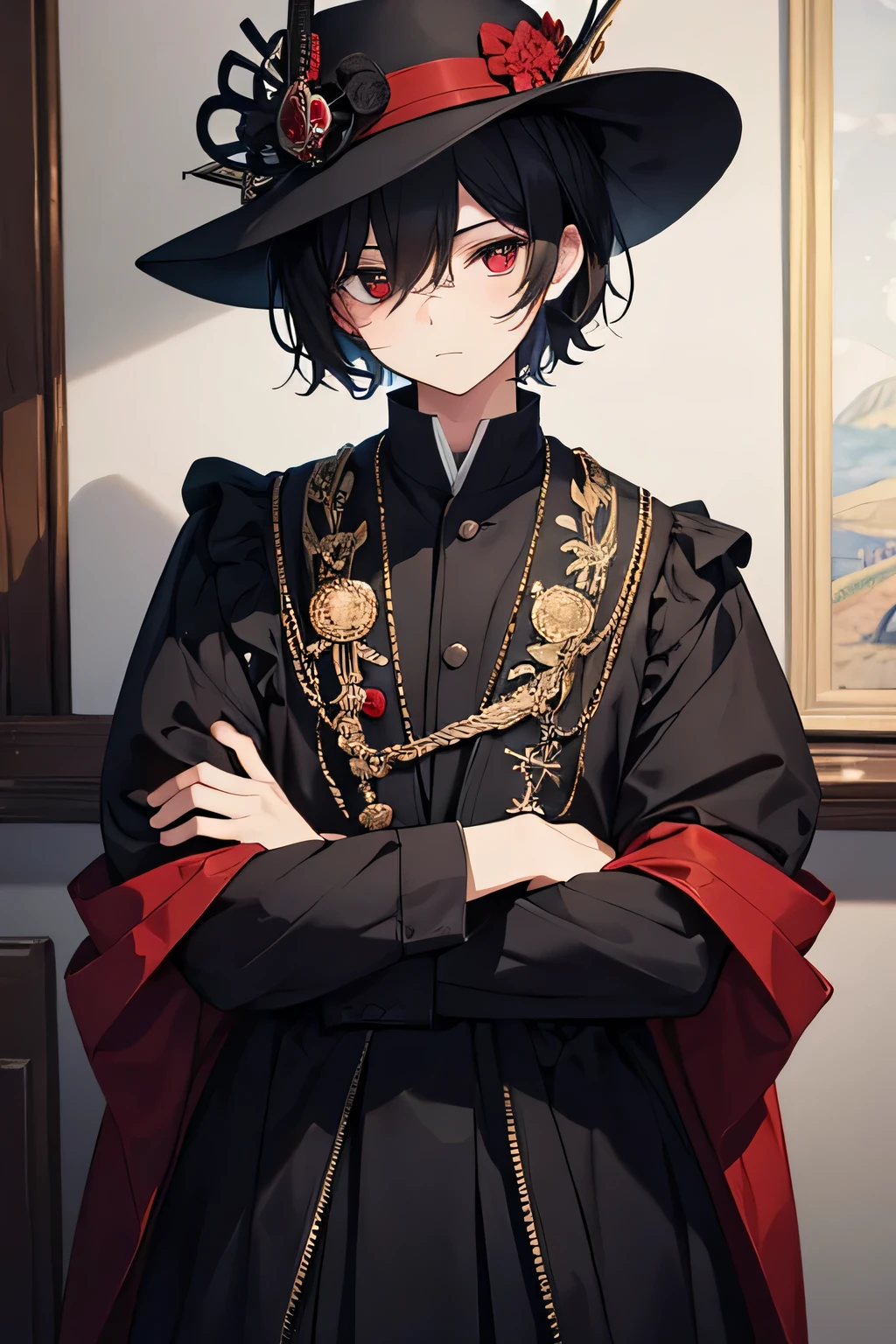 masterpiece, masterpiece, Distinct, Superb Quality, highly quality, masterpiece, perfect details, high detail, Perfect body, Look ahead, soio, black short hair, dark red eyes, Look ahead, lifeless eyes, empty eyes, Expressionless, melancholy, Dreamy, Blurredness, A boy, wear a black hat, black samurai costume, Cross your arms, cover one'The hand