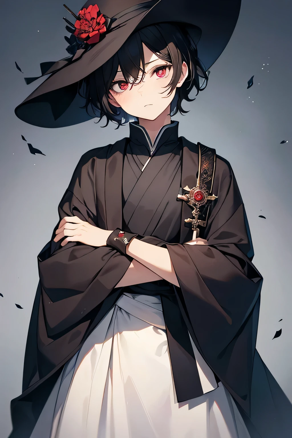 masterpiece, masterpiece, Distinct, Superb Quality, highly quality, masterpiece, perfect details, high detail, Perfect body, Look ahead, soio, black short hair, dark red eyes, Look ahead, lifeless eyes, empty eyes, Expressionless, melancholy, Dreamy, Blurredness, A boy, wear a black hat, black samurai costume, Cross your arms, cover one'The hand