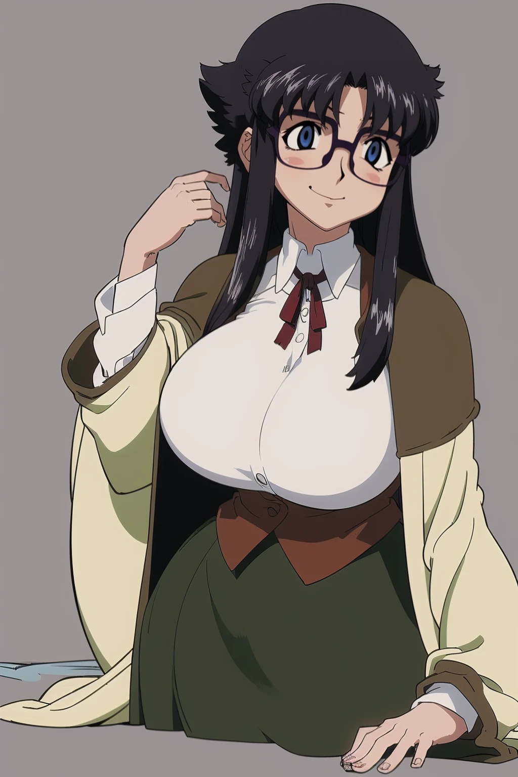 ultra detailed, masterpiece, best quality, solo, soft smile, light smile, ,YR, 1girl, solo,full body body, portrait, sticker blush, smile, looking at viewer, glasses, long skirt, coat, vest, ribbon, long sleeves, messy hair, fine detail, perfect quality, good quality, masterpiece, HDR, UHD full body, refsheet, flipflops, huge breast,refsheet, sketch style
