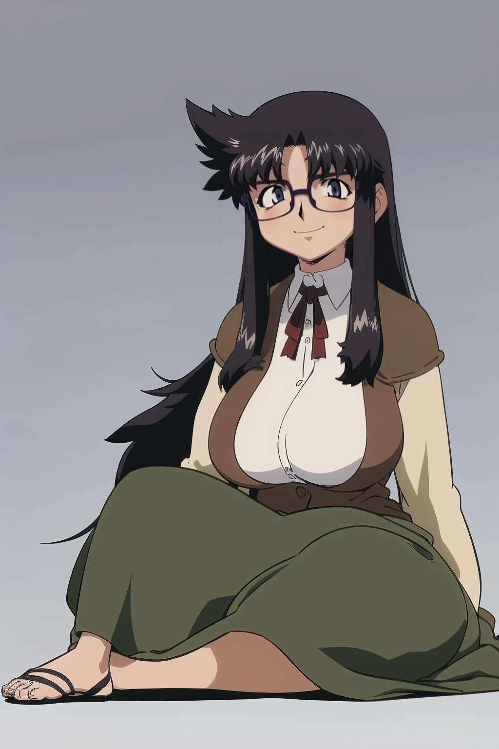 ultra detailed, masterpiece, best quality, solo, soft smile, light smile, ,YR, 1girl, solo,full body body, portrait, sticker blush, smile, looking at viewer, glasses, long skirt, coat, vest, ribbon, long sleeves, messy hair, fine detail, perfect quality, good quality, masterpiece, HDR, UHD full body, refsheet, flipflops, huge breast,refsheet, sketch style