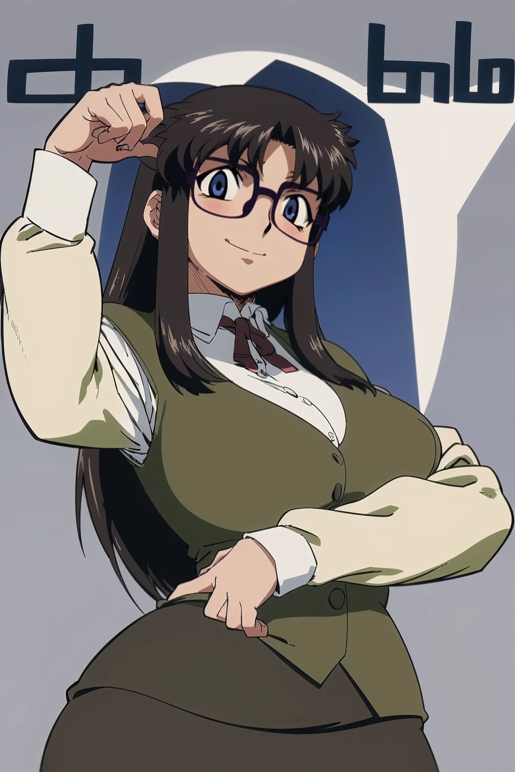 ultra detailed, masterpiece, best quality, solo, soft smile, light smile, ,YR, 1girl, solo,full body body, portrait, sticker blush, smile, looking at viewer, glasses, long skirt, coat, vest, ribbon, long sleeves, messy hair, fine detail, perfect quality, good quality, masterpiece, HDR, UHD full body, refsheet, flipflops, huge breast,refsheet, sketch style