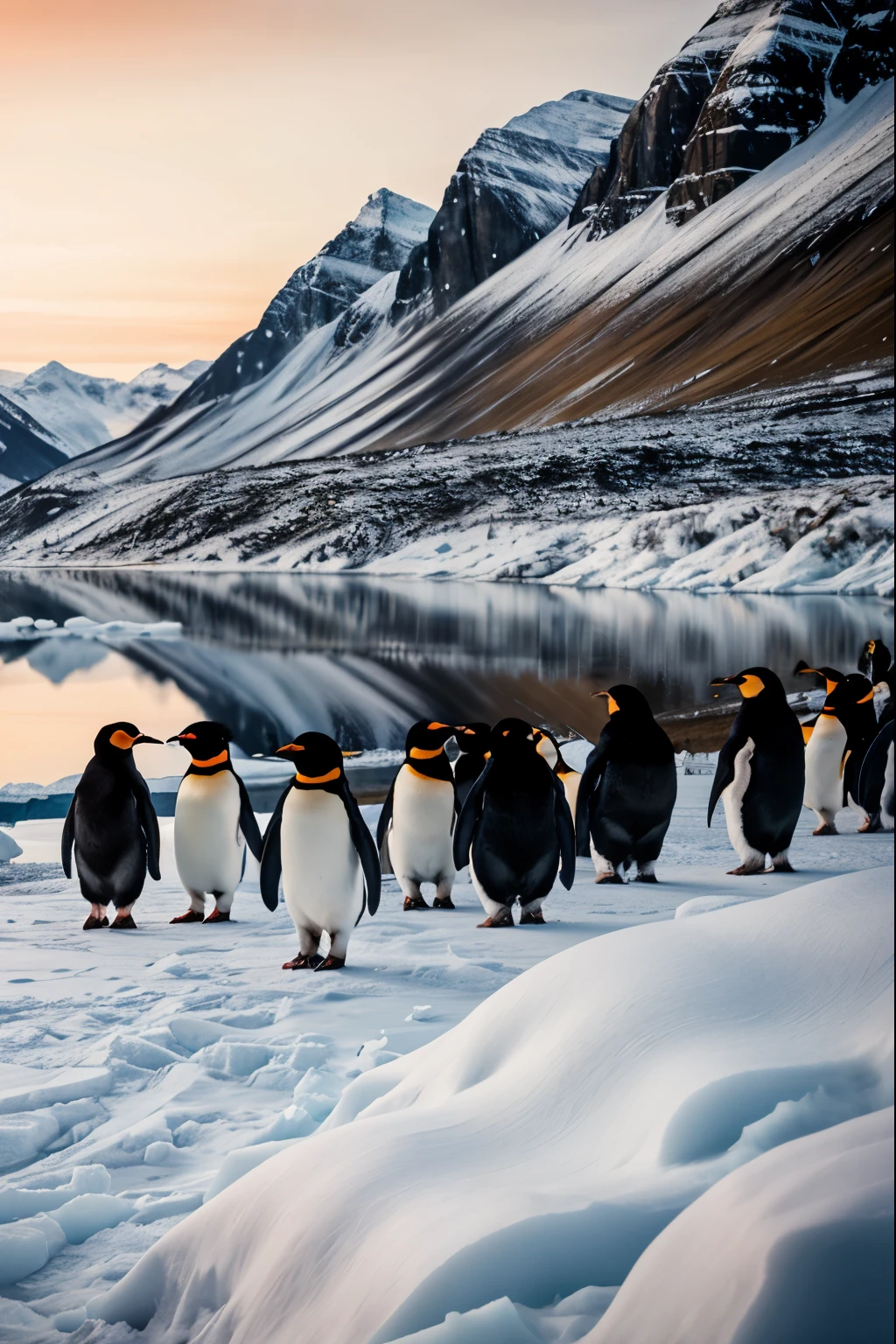 (highres,realistic),(best quality:1.2),penguin in suit,formal attire,classy,intelligent,gentleman,sharp-dressed,fashionable,stylish,tailored suit,well-fitted,black-tie event,adorable,professional,confident,walks upright,fancy,dignified,winter scenery,icy landscape,arctic background,penguin colony,group of penguins,cool tones,subtle shades of blue,soft lighting,subtle shadows,crisp details