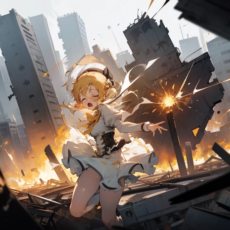 1 girl, mami tomoe, masterpiece, best quality, highres, big breast, pain, screaming, closed eyes, torn clothes, white panties, tearing up,  city background, wreck, explosion, from front