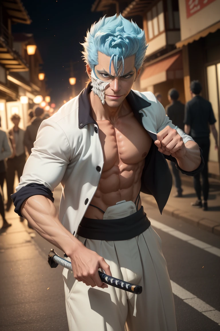 masterpiece, best quality, 1boy, grimmjow jaegerjaquez, at night, night, low light, natural light, fighting pose, white pants, white jacket, damaged clothes, damaged skin, street, japanese street, low light, light rays, aura power, floating particles, doing a power, holding a katana, zanpakutou, angry eyes, angry face, smiling, looking ahead, male focus, strong muscles, movie composition, deth of field, bokeh
