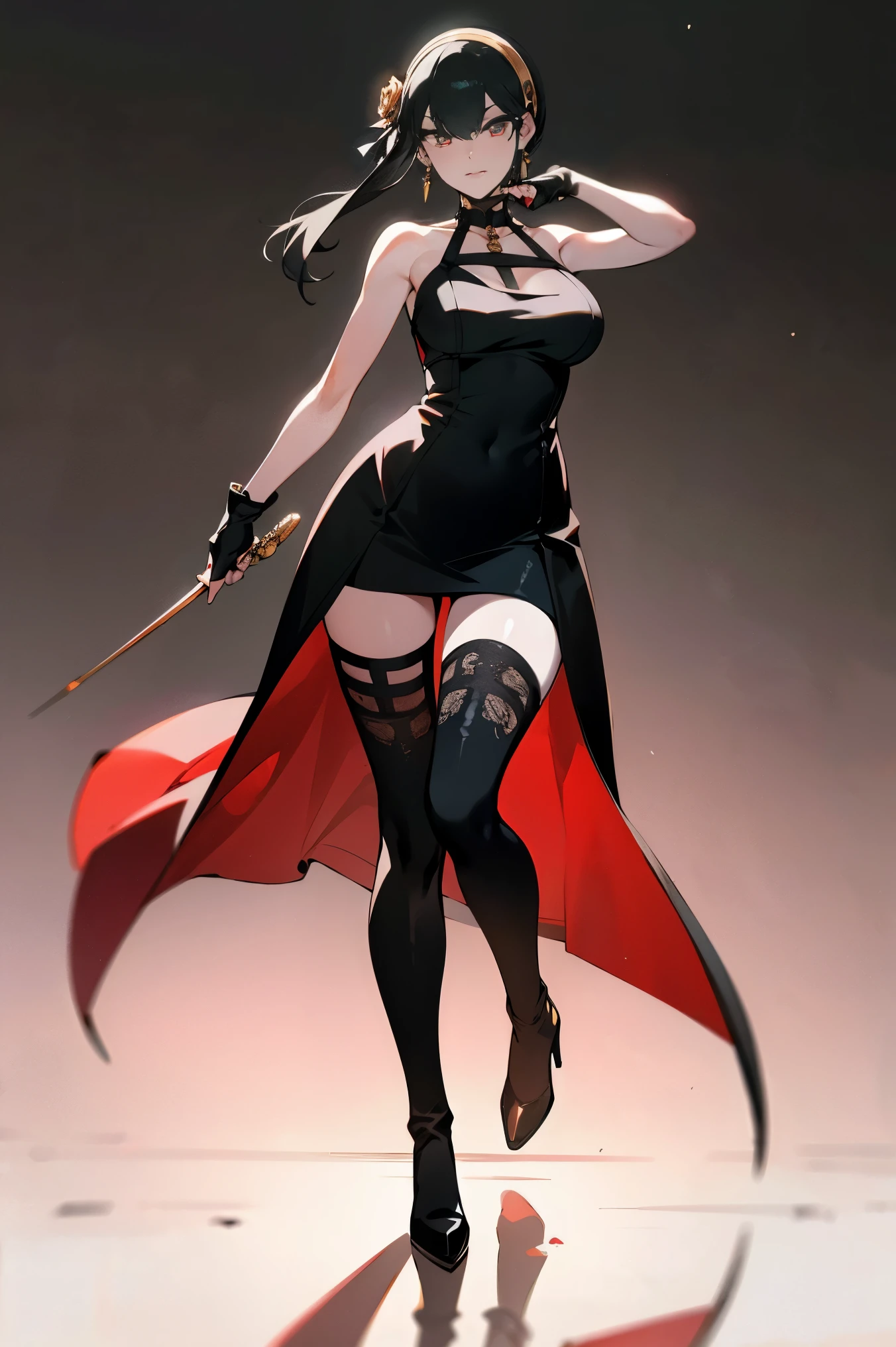 Best Quality, High resolution, Unity 8k壁纸, (Illustration:0.8), (Beautiful detailed eyes:1.6), extra detailed face, Perfect Lighting, extremely details CG, (Perfect hands, Perfect Anatomy),masterpiece,high resolution,perfect anatomy,cinematic lighting,anime keyvisual,beautiful detailed eyes,best quality,unity 8k wallpaper,super detailed skin,white skin,Yor Forger, dress, holding, black dress, black hair, weapon, high heels, thighhighs, red eyes, two-sided fabric, high heel boots, boots, hairband, holding weapon, gloves, dual wielding, breasts, hair ornament, flower, two-sided dress, dagger, fingerless gloves, black gloves, sidelocks, knife, thigh boots, looking at viewer, hair flower, black footwear, rose, bare shoulders, black thighhighs, holding dagger, standing, long hair, gold hairband, rose print, holding knife, earrings, sleeveless, short hair with long locks, jewelry, closed mouth, bangs, sleeveless dress