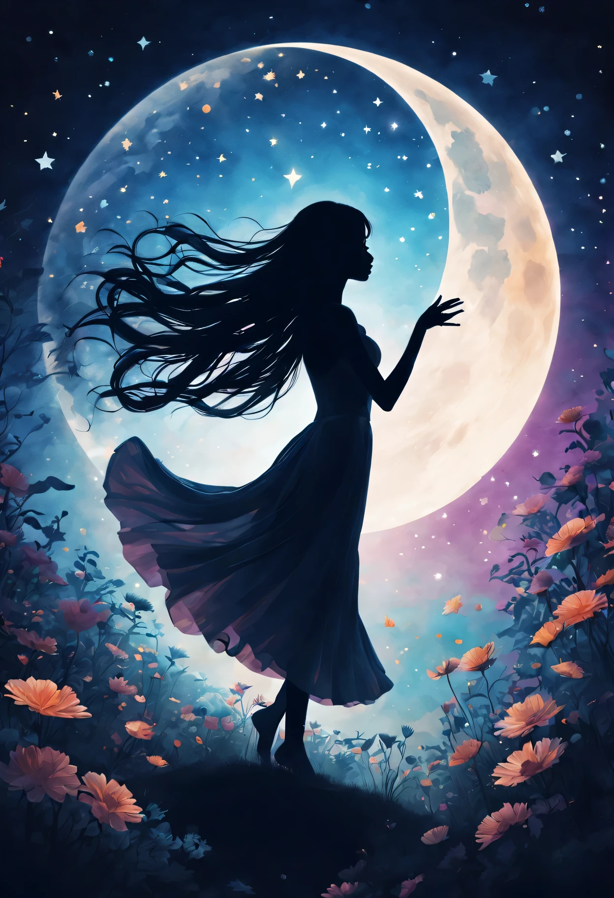 silhouette art，Girl silhouette texture clear，graceful gesture，gentle curves，dance，flowing hair，moon，dazzling stars。(Psychedelic style background)，Ethereal，distortion，whimsical，(charming garden)，Enigmatic Atmosphere，Romantic。delicate lines，subtle texture，Contrast shapes，artistic creation，surreal，dramatic lighting，hidden meaning，grace，emotional depth，evoke a feeling of mystery and wonder，Thought provoking and unforgettable，otherworldly，Change，Encouraging，poetry，unique visual story。