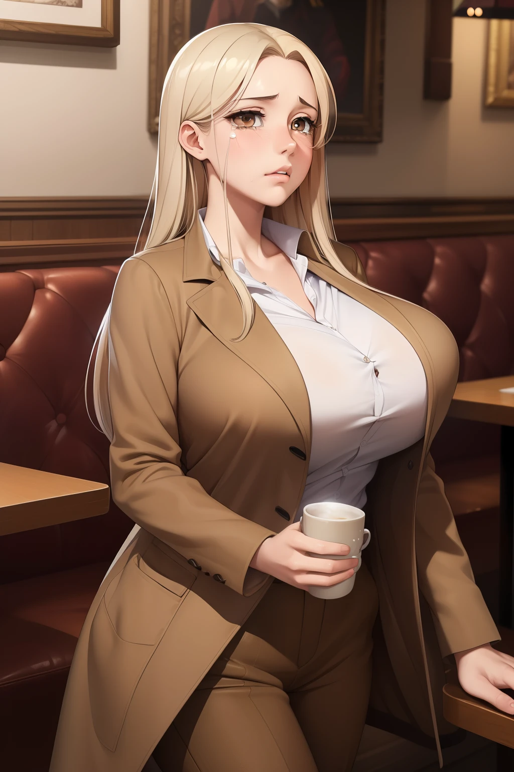 ((masterpiece, best quality:1.4)), illustration, 8k, hd, cowboy shot, anime style, detail face, detail eyes, rich girl, cafe, brown shirt, brown coat, brown trousers, (massive boobs), long white hair, brown eyes, mature, sad, ((lifeless eyes, bland eyes)), depressed, crying