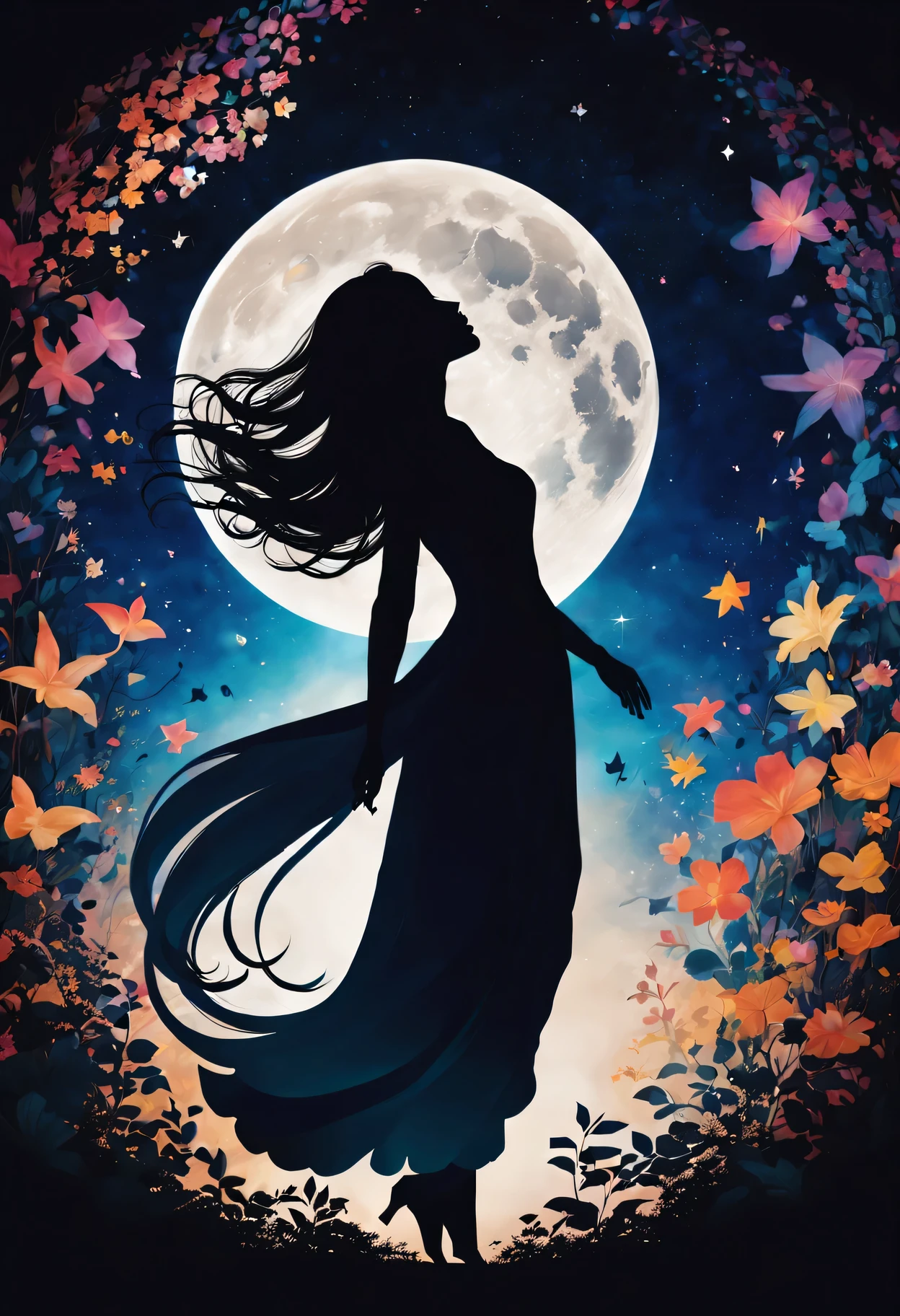 silhouette art，Girl silhouette texture clear，graceful gesture，gentle curves，dance，flowing hair，moon，dazzling stars。(Psychedelic style background)，Ethereal，distortion，whimsical，(charming garden)，Enigmatic Atmosphere，Romantic。delicate lines，subtle texture，Contrast shapes，artistic creation，surreal，dramatic lighting，hidden meaning，grace，emotional depth，evoke a feeling of mystery and wonder，Thought provoking and unforgettable，otherworldly，Change，Encouraging，poetry，unique visual story。
