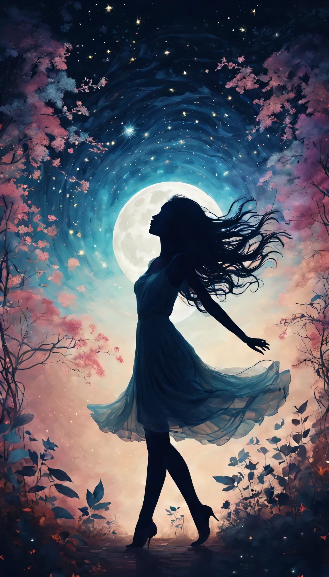 silhouette art，Girl silhouette texture clear，graceful gesture，gentle curves，dance，flowing hair，moon，dazzling stars。(Psychedelic style background)，Ethereal，distortion，whimsical，(charming garden)，Enigmatic Atmosphere，Romantic。delicate lines，subtle texture，Contrast shapes，artistic creation，surreal，dramatic lighting，hidden meaning，grace，emotional depth，evoke a feeling of mystery and wonder，Thought provoking and unforgettable，otherworldly，Change，Encouraging，poetry，unique visual story。