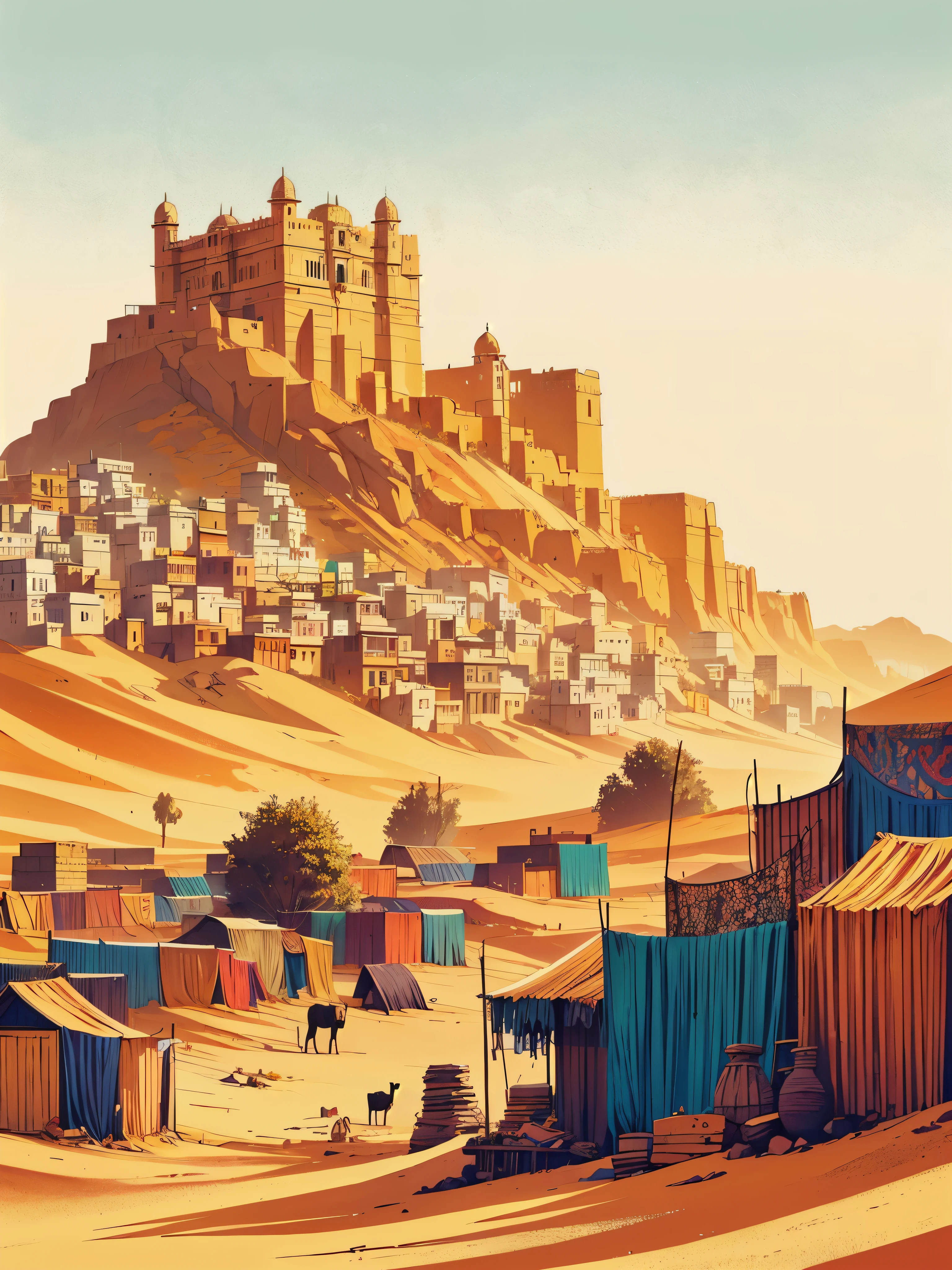 Draw a digital simple art scene of Jaisalmer village, majestic forts and palaces rise like golden sentinels against the desert backdrop. The deserted landscape exudes timeless charm, colorful textiles in front of huts, windy, no humans and cattle, vibrant color tones,