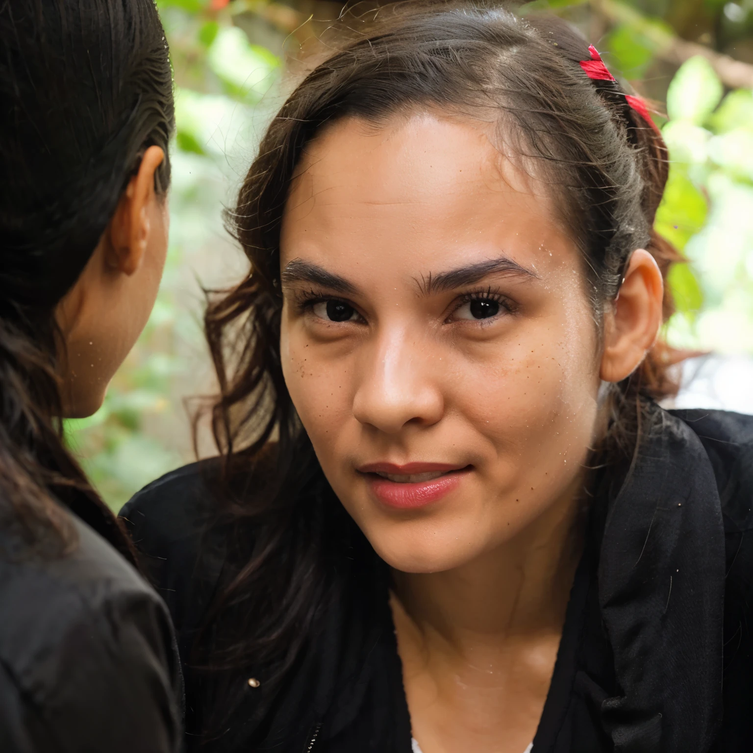 candid photography of face of indonesian girl, black wavy tied ponytail hair, hair on face, red full lips, a small mole, serious expresion, the facial pores are very detailed, detailed skin texture, lips extreem closeup framing, natural lighting