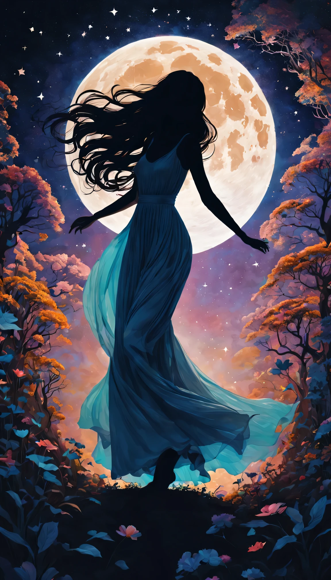 silhouette art，Girl silhouette texture clear，graceful gesture，gentle curves，dance，flowing hair，moon，dazzling stars。(Psychedelic style background)，Ethereal，distortion，whimsical，(charming garden)，Enigmatic Atmosphere，Romantic。delicate lines，subtle texture，Contrast shapes，artistic creation，surreal，dramatic lighting，hidden meaning，grace，emotional depth，evoke a feeling of mystery and wonder，Thought provoking and unforgettable，otherworldly，Change，Encouraging，poetry，unique visual story。