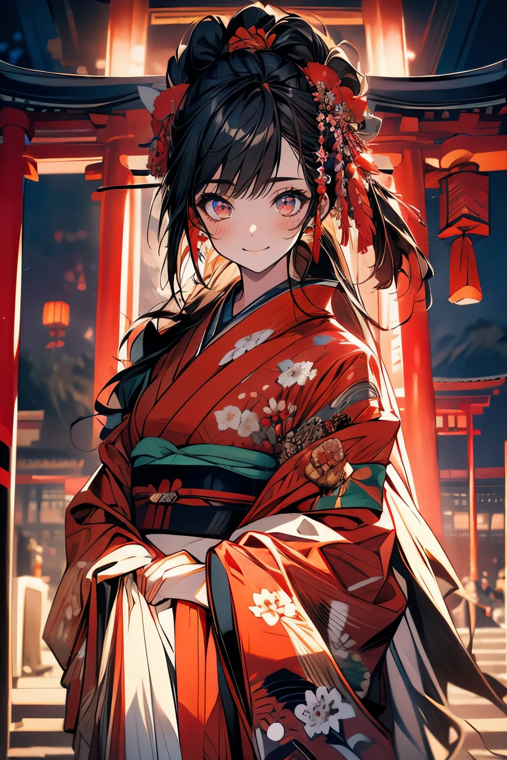 (muste piece), (best quality), very detailed, 1 girl, solo focus,perfect face, pretty face, very detailed顔,(A dark-haired:1.3),(red eyes:1.3),Light,smile,New Year,(kimono:1.4),shrines