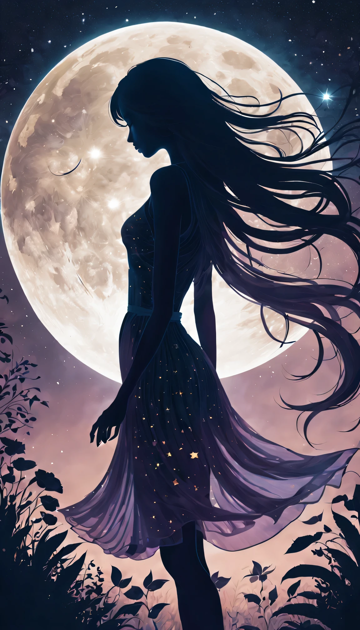 silhouette art，Girl silhouette texture clear，graceful gesture，gentle curves，dance，flowing hair，moon，dazzling stars。(Psychedelic style background)，Ethereal，distortion，whimsical，(charming garden)，Enigmatic Atmosphere，Romantic。delicate lines，subtle texture，Contrast shapes，artistic creation，surreal，dramatic lighting，hidden meaning，grace，emotional depth，evoke a feeling of mystery and wonder，Thought provoking and unforgettable，otherworldly，Change，Encouraging，poetry，unique visual story。