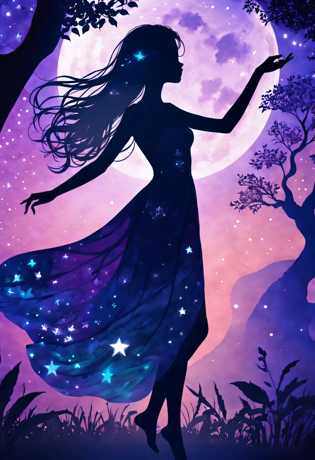 silhouette art,Girl silhouette texture clear,graceful gesture,gentle curves,dance,flowing hair,moon,dazzling stars。(Psychedelic style background),Ethereal,distortion,whimsical,(charming garden),Enigmatic Atmosphere,Romantic。delicate lines,subtle texture,Contrast shapes,artistic creation,surreal,dramatic lighting,hidden meaning,grace,emotional depth,evoke a feeling of mystery and wonder,Thought provoking and unforgettable,otherworldly,Change,Encouraging,poetry,unique visual story。best quality,4k,8k,high resolution,masterpiece:1.2,Super detailed,actual:1.37