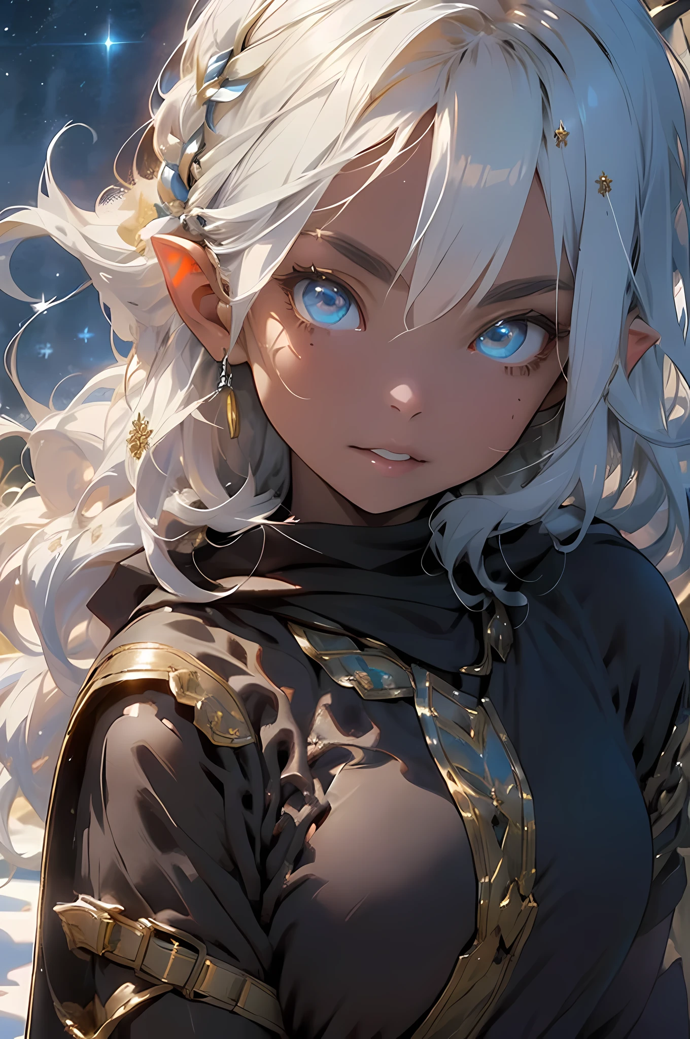 (exhale, white breath),masterpiece, best quality,(Elf, Miss), silver hair, shiny skin, 
, golden armor knight, gloss effect, (fur cloak) ,knight, Shining golden full armor, (golden helmet,golden globe award), (night camp, Torch light, snow scene),more_detail:-1, more_detail:0, more_detail:0.5, more_detail:1, more_detail:1.5,hailoknight, holding sword, possessing weapons