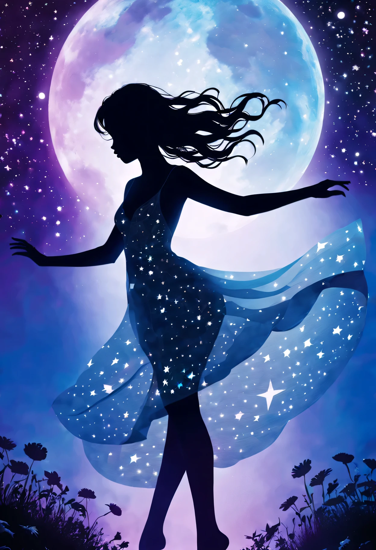silhouette art，Girl silhouette texture clear，graceful gesture，gentle curves，dance，flowing hair，moon，dazzling stars。(Psychedelic style background)，Ethereal，distortion，whimsical，(charming garden)，Enigmatic Atmosphere，Romantic。delicate lines，subtle texture，Contrast shapes，artistic creation，surreal，dramatic lighting，hidden meaning，grace，emotional depth，evoke a feeling of mystery and wonder，Thought provoking and unforgettable，otherworldly，Change，Encouraging，poetry，unique visual story。best quality,4k,8k,high resolution,masterpiece:1.2,Super detailed,actual:1.37