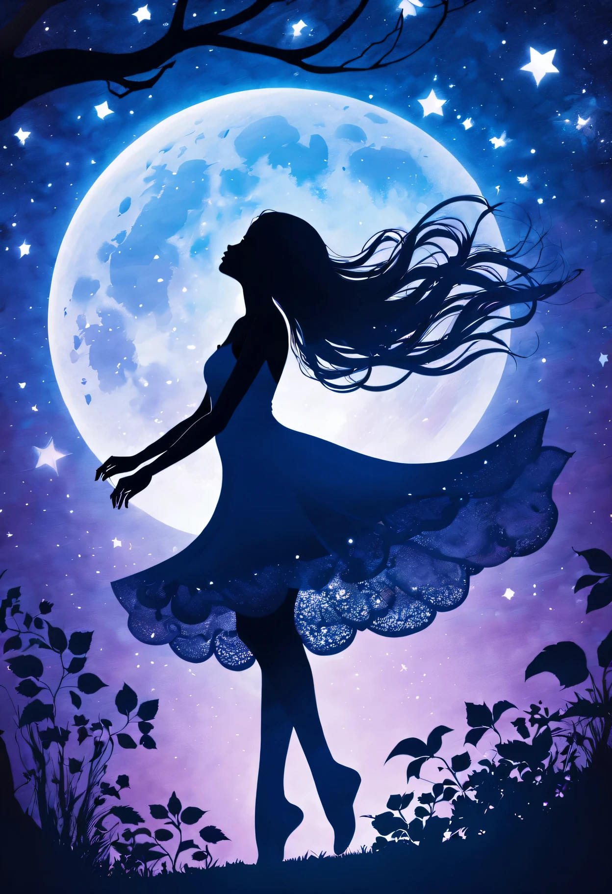 silhouette art,Girl silhouette texture clear,graceful gesture,gentle curves,dance,flowing hair,moon,dazzling stars。(Psychedelic style background),ethereal,distortion,whimsical,(charming garden),Enigmatic Atmosphere,Romantic。delicate lines,subtle texture,Contrast shapes,artistic creation,surreal,dramatic lighting,hidden meaning,grace,emotional depth,evoke a feeling of mystery and wonder,Thought provoking and unforgettable,otherworldly,Change,Encouraging,poetry,unique visual story。best quality,4k,8k,high resolution,masterpiece:1.2,Super detailed,actual:1.37
