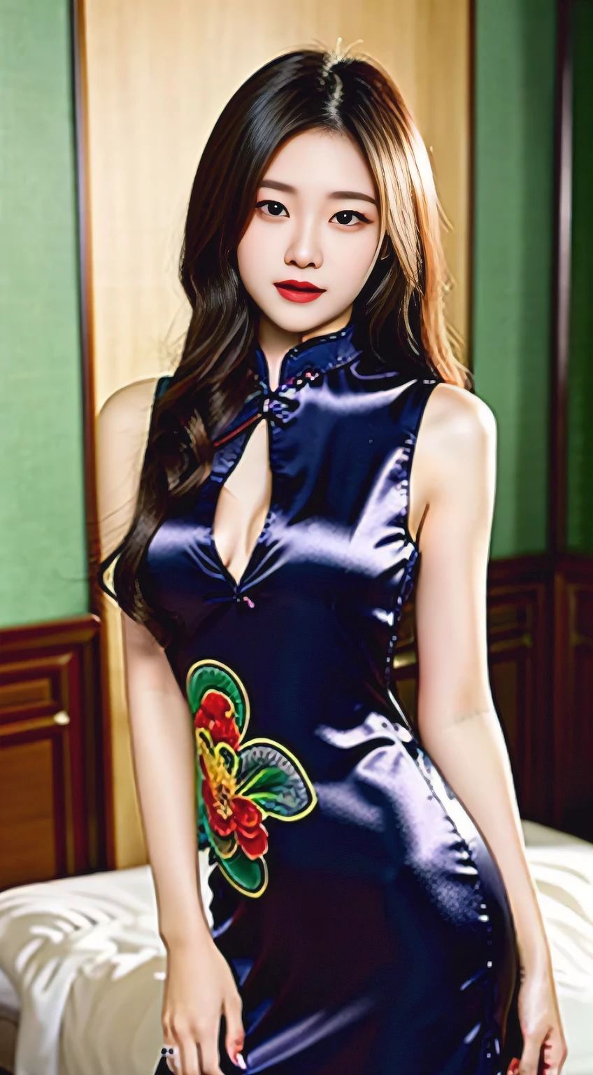 {One Chinese Woman}、{Beautiful Chinese woman in a Chinese garden:1.5}、(She is wearing a super shiny silk satin cheongsam long dress.:1.8)、(Provocative facial expressions), (Sleeveless Chinese long dress that fits the body:1.8)、 Anatomically correct proportions, ((8K, RAW shot, Best High Quality:1.5)), masterpiece, real photo, (Portrait:1.5), (18 year old Chinese beauty), beautiful hairl、(Beautiful woman with slim figure:1.5)、(big breasts:1.5)、(She wears a super shiny cheongsam with traditional colors and patterns.:1.5)、(Nipple shadow:1.5), (Arms should be lowered)