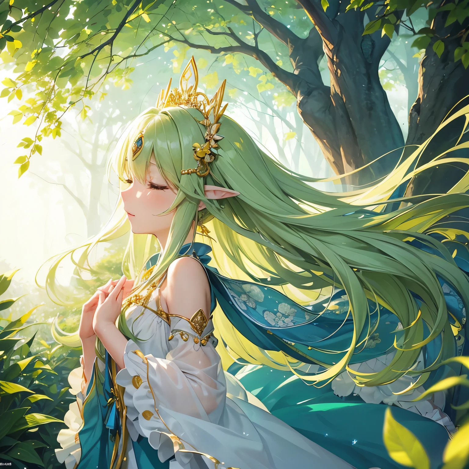 Beautiful yellow-green long hair style、disorganized、pretty green dress、Emphasis on the chest、Floral hair ornament、A very large and beautiful sapphire brooch、goddes、Eyes closed、Very beautiful and delicately shining eyes、A beautiful smile with attention to detail、profile、;D、beautiful and delicate flowing hair、Prayer Pose、Beautiful delicate and detailed hands、very delicate and detailed fingers、turn your hand to you、solo、Super beautiful illustration、view full body、Cute and beautiful, Beautiful face very delicate and detailed、tilting one's face upwards、In the mysterious forest、one big world tree、sunlight filtering through the foliage