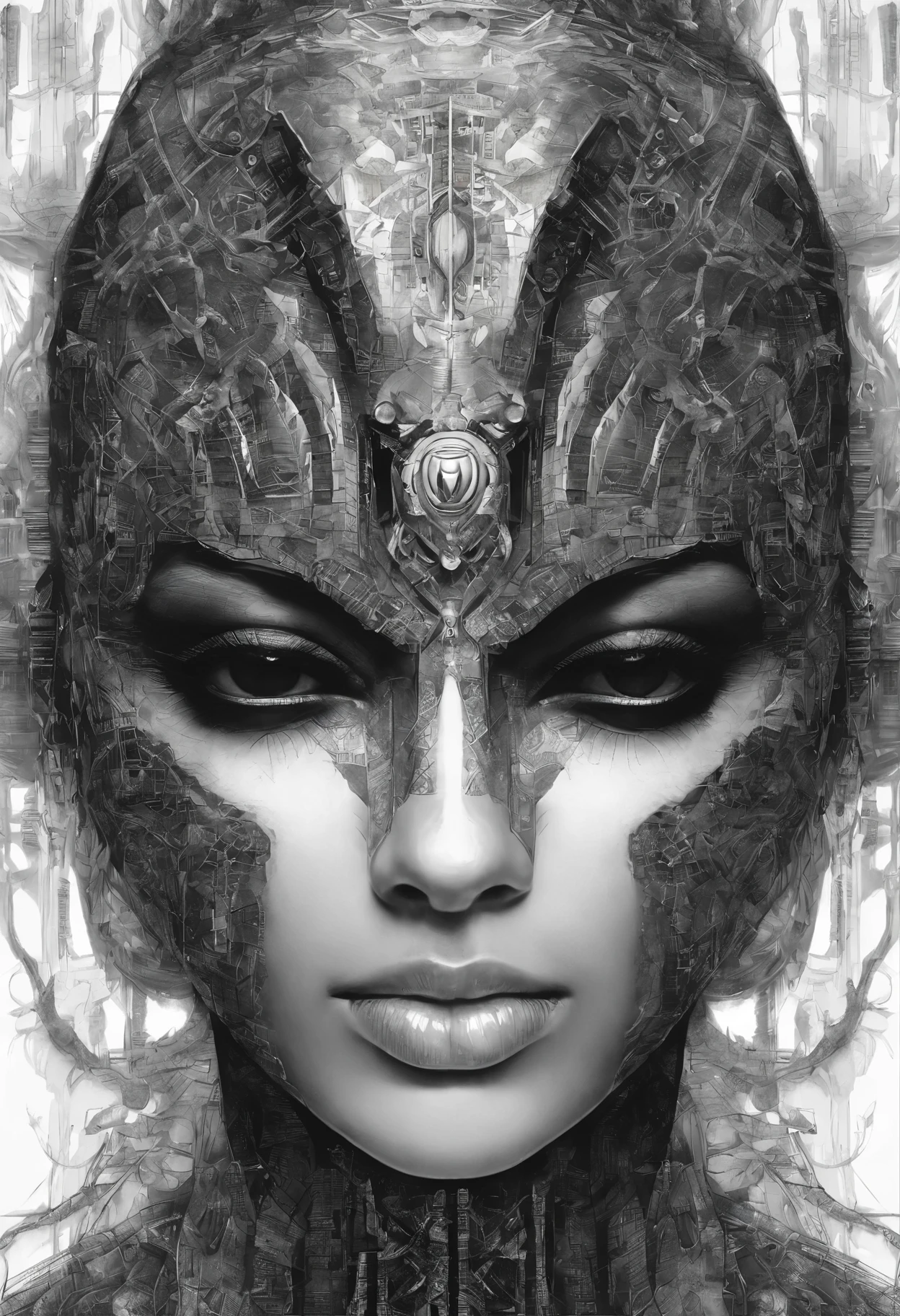Futuristic native futurism,Actress Priyanka Chopra plays the high-level cybernetic cyborg, big breasts, the Japanese goddess of war, sensuality,Artistic details,Cyberpunk Hindu mythology,Epic science fiction fantasy, Centered,In the style of Nick Alm's fantasy futuristic fantasy works, Dark prism, Dark, Metal composition, symmetrical arrangements, Iridescent metallic , distinctive noses, Ethereal,Blood splattered multicolored, eye-catching metallic compositions, Symmetrical geometry, distinctive noses, gothic references, With bold lines and black stripes,White,Red, Gold and silver, Fantasy science fiction art, a detailed painting, ,Alex Alemanni merges with Carol Barker