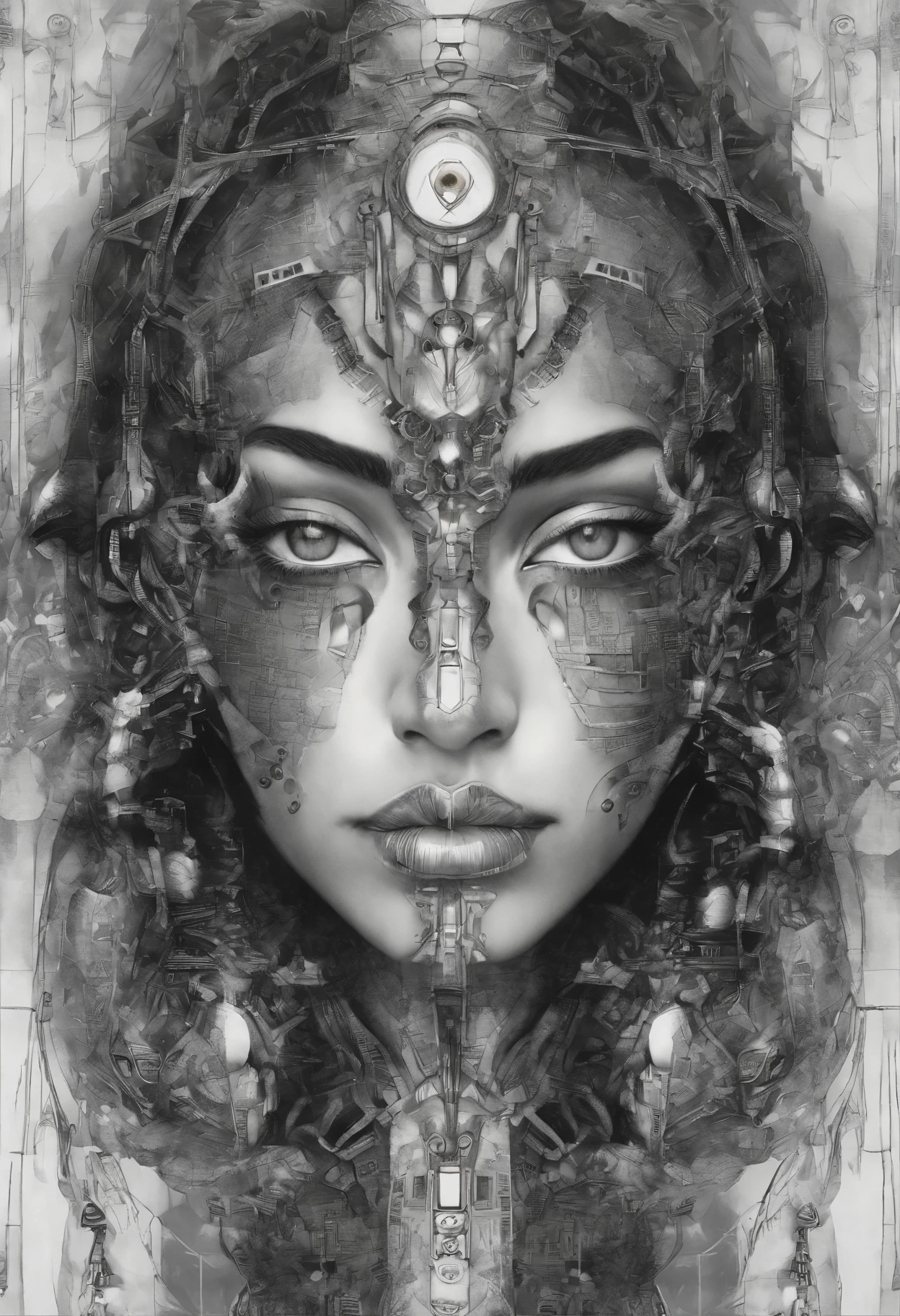 (best qualtiy,ultra - detailed,Most Best Illustration,Best shadow,tmasterpiece,A high resolution,professionalartwork,famousartwork),Detailed eyes,beautidful eyes,closeup cleavage,sci-fy,colored sclera,Robot eyes,face markings,Tattooed with,(fractalized,Fractal eyes),largeeyes,Wide eyes,(Eye focus),sface focus,Cosmic eyes,Space eyes,Close-up of metal sculpture of a woman with a moon in her hair,goddes。extremly high detail,3 d goddess portrait,Extremely detailed footage of the goddess,a stunning portrait of a goddess,Side image of the goddess,portrait of a beautiful goddess,Full body close-up portrait of the goddess,hecate goddess,portrait of a norse moon goddess,goddess of space and time