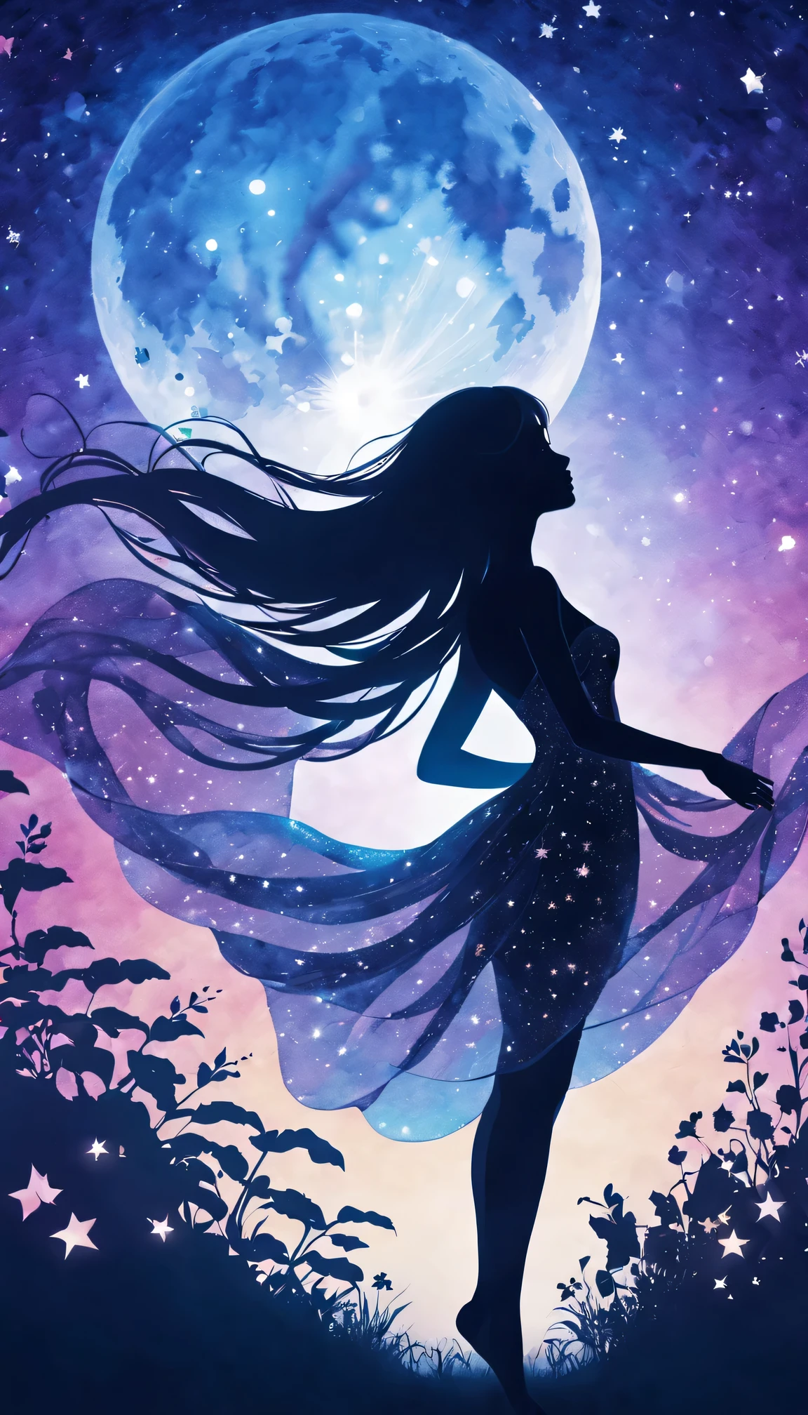 silhouette art，Girl silhouette texture clear，graceful gesture，gentle curves，dance，flowing hair，moon，dazzling stars。(Psychedelic style background)，Ethereal，distortion，whimsical，(charming garden)，Enigmatic Atmosphere，Romantic。delicate lines，subtle texture，Contrast shapes，artistic creation，surreal，dramatic lighting，hidden meaning，grace，emotional depth，evoke a feeling of mystery and wonder，Thought provoking and unforgettable，otherworldly，Change，Encouraging，poetry，unique visual story。