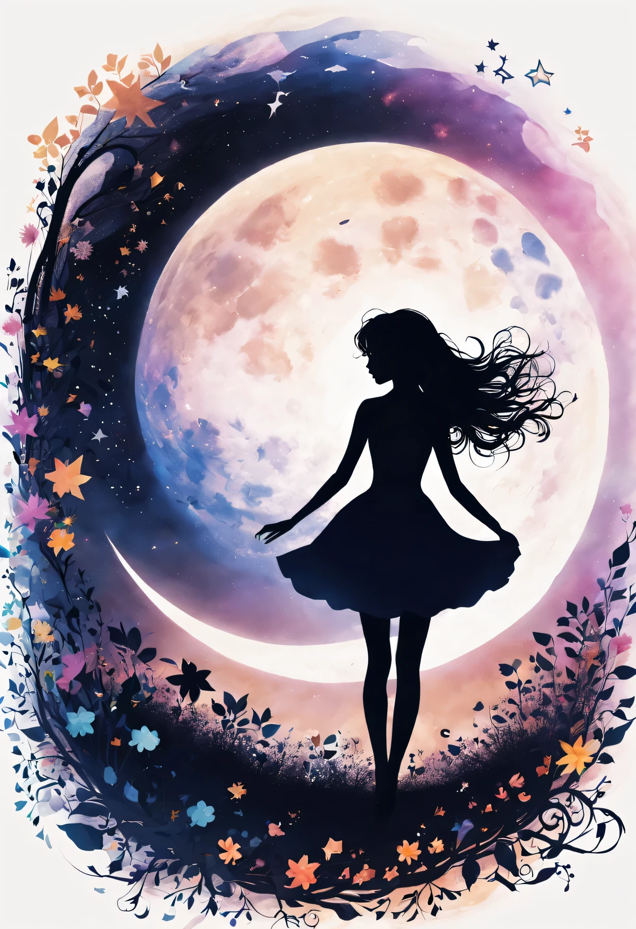 silhouette art，Girl silhouette texture clear，graceful gesture，gentle curves，dance，flowing hair，moon，dazzling stars。(Psychedelic style background)，Ethereal，distortion，whimsical，(charming garden)，Enigmatic Atmosphere，Romantic。delicate lines，subtle texture，Contrast shapes，artistic creation，surreal，dramatic lighting，hidden meaning，grace，emotional depth，evoke a feeling of mystery and wonder，Thought provoking and unforgettable，otherworldly，Change，Encouraging，poetry，unique visual story。best quality,4k,8k,high resolution,masterpiece:1.2,Super detailed,actual:1.37