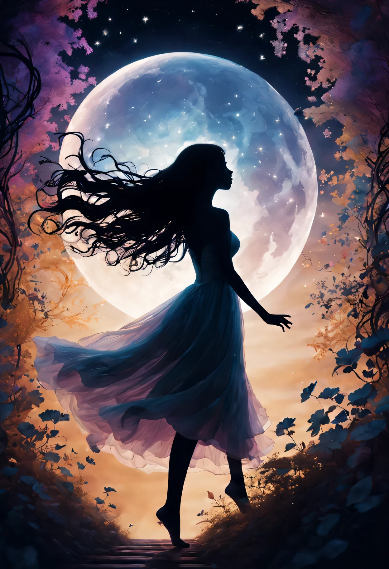 silhouette art，Girl silhouette texture clear，graceful gesture，gentle curves，dance，flowing hair，moon，dazzling stars。(Psychedelic style background)，Ethereal，distortion，whimsical，(charming garden)，Enigmatic Atmosphere，Romantic。delicate lines，subtle texture，Contrast shapes，artistic creation，surreal，dramatic lighting，hidden meaning，grace，emotional depth，evoke a feeling of mystery and wonder，Thought provoking and unforgettable，otherworldly，Change，Encouraging，poetry，unique visual story。