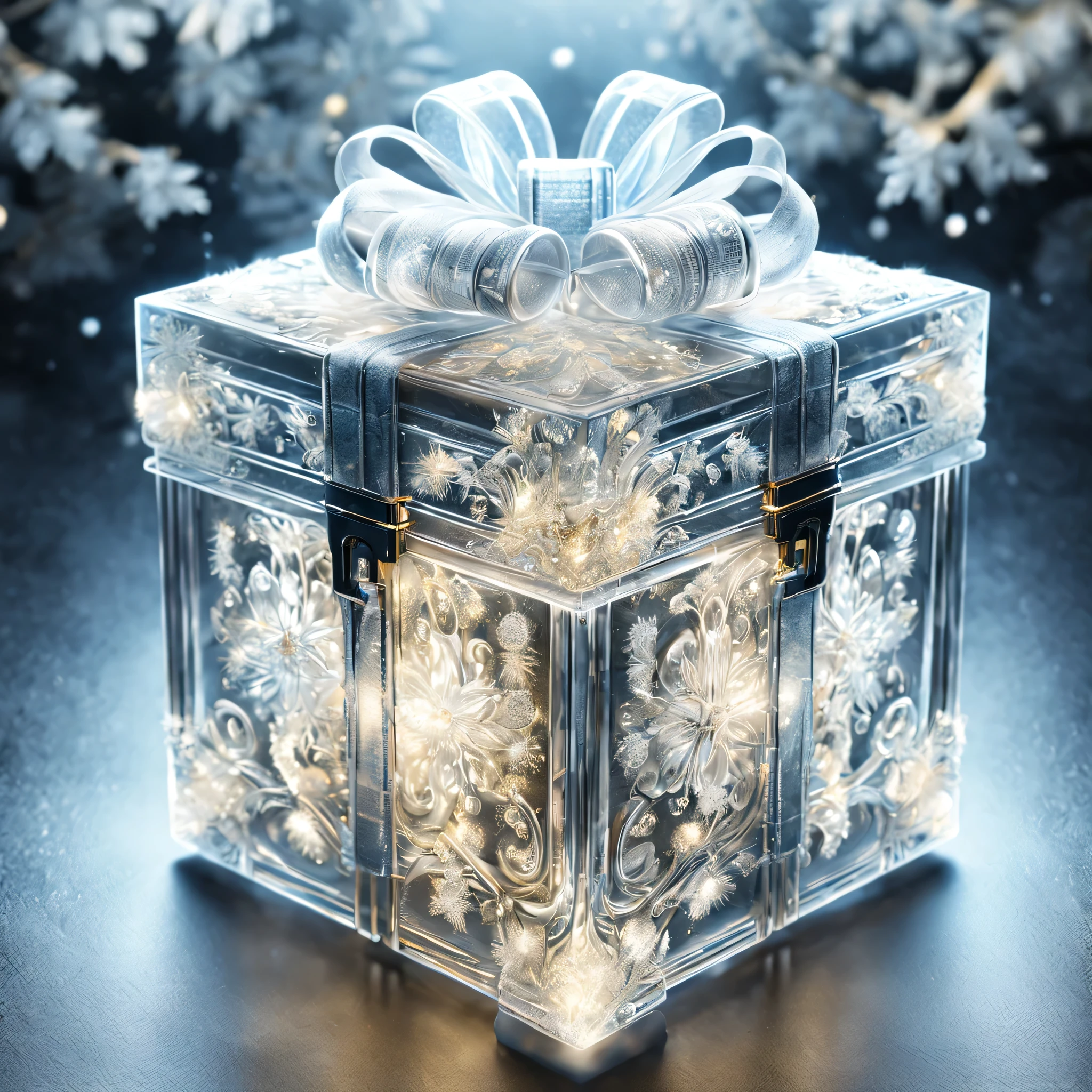 Christmas presents made of glass:transparent and beautiful:Complex pattern:Decorate with gold, silver, and jewels,芸術的なopticと影,stele,yuki,a hologram,やわらかくopticる,FrostedStyle,photoRealstic,Studio Lighting,Piece of art,optic,Fancy details,Magical,masterpiece,金属optic沢,blurry backround:yukiが降る