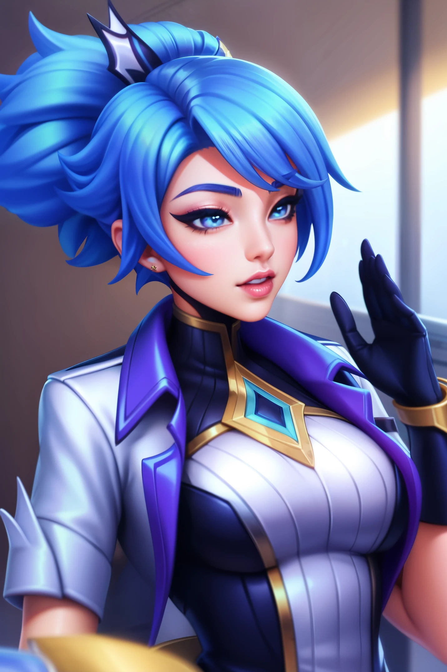 (masterpiece, best quality:1.2), intricate details, Akali DRX, 1 girl, alone, blue eyes, hair accessories, blue hair, jacket, ponytail, star hair accessories, short sleeves, black gloves,