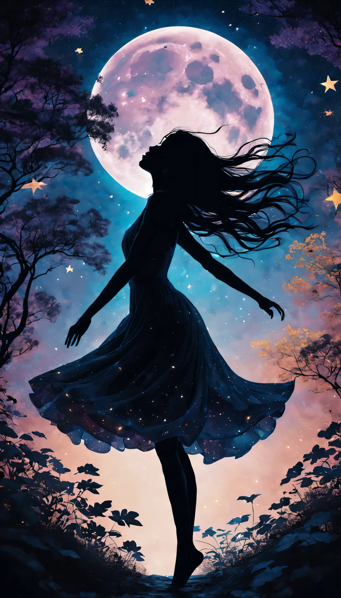 silhouette art，Girl silhouette texture clear，graceful gesture，gentle curves，dance，flowing hair，moon，dazzling stars。(Psychedelic style background)，Ethereal，distortion，whimsical，(charming garden)，Enigmatic Atmosphere，Romantic。delicate lines，subtle texture，Contrast shapes，artistic creation，surreal，dramatic lighting，hidden meaning，grace，emotional depth，evoke a feeling of mystery and wonder，Thought provoking and unforgettable，otherworldly，Change，Encouraging，poetry，unique visual story。best quality,4k,8k,high resolution,masterpiece:1.2,Super detailed,actual:1.37